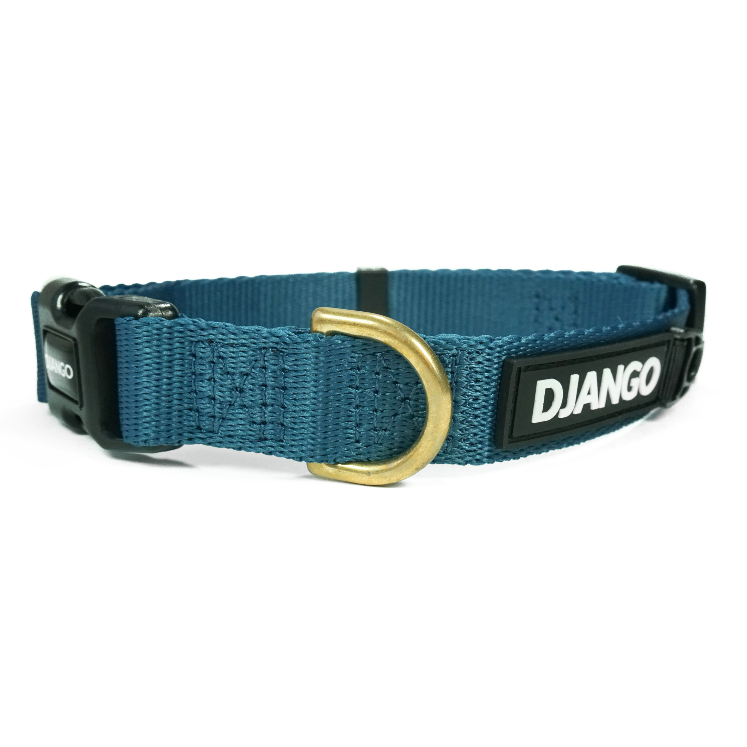Indigo blue DJANGO Adventure Dog Collar for small and medium dogs, crafted with durable webbing and brass hardware for comfort and durability.