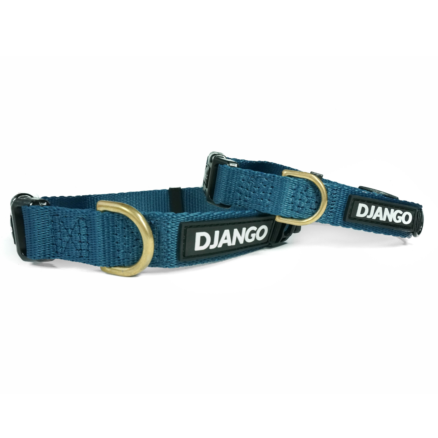 Indigo blue DJANGO Adventure Dog Collar for active small and medium dogs, featuring adjustable sizing and solid brass hardware for maximum comfort and security.