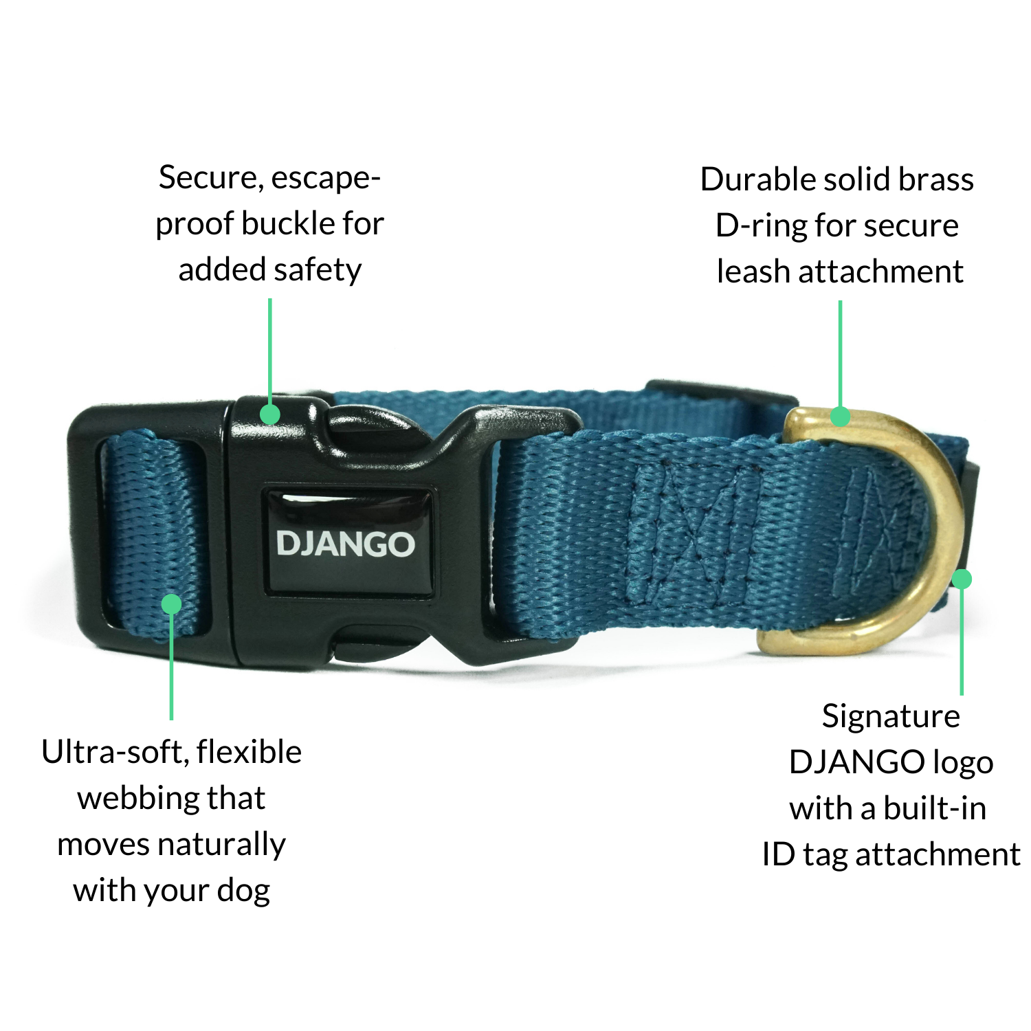Adjustable indigo blue DJANGO Adventure Dog Collar, designed for small and medium dogs, featuring a secure side-release buckle and sturdy webbing.