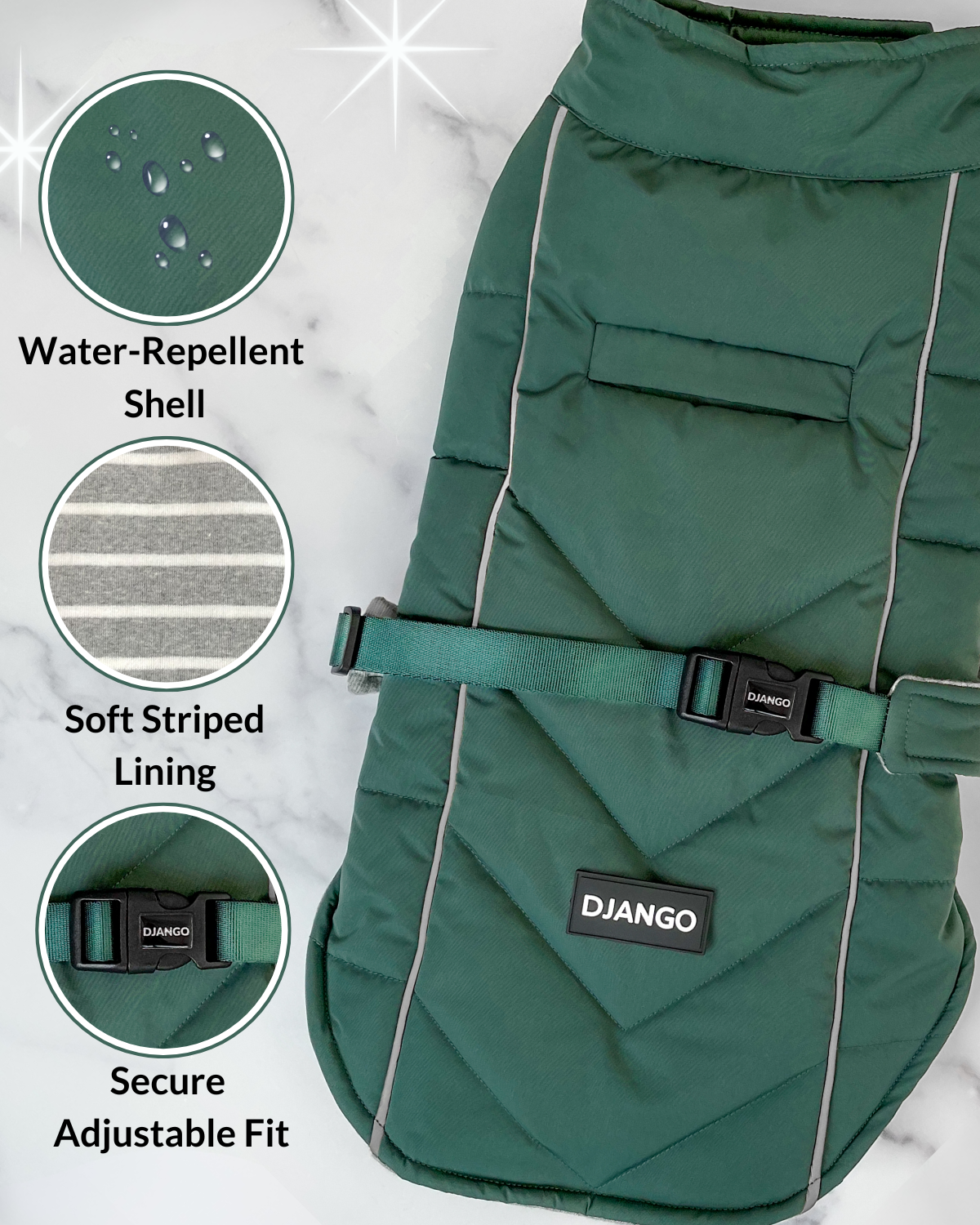 Top-down view of DJANGO Whistler Winter Dog Coat in Lafayette Green with feature callous of water-repellent shell, soft striped lining, and adjustable chest strap for a secure fit