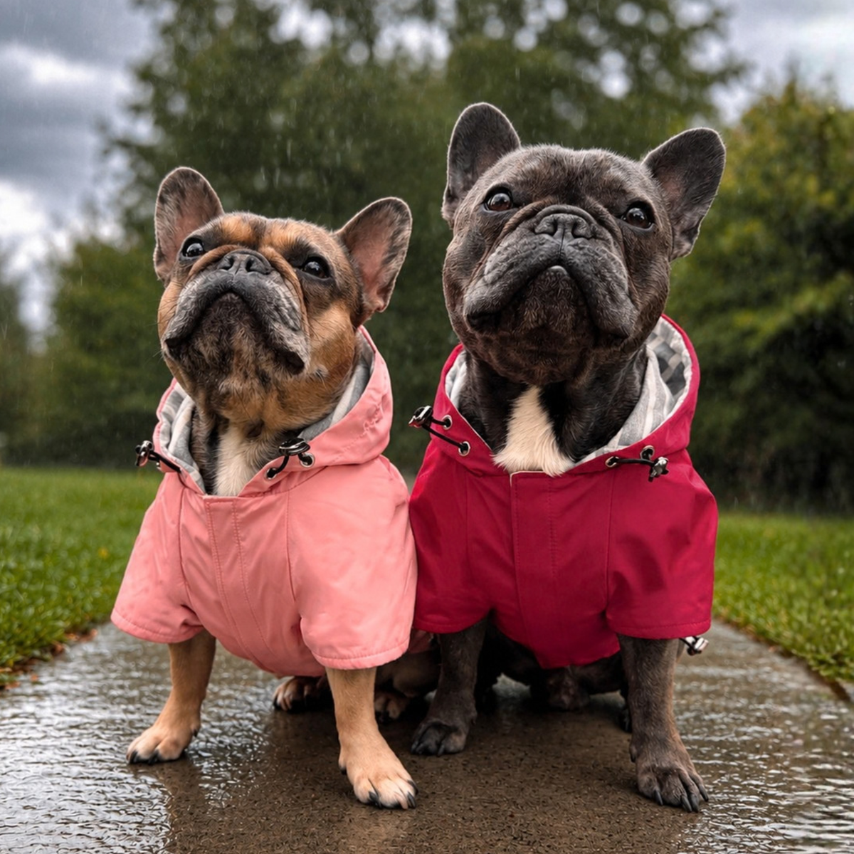 Two French Bulldogs sitting outside in the rain and staying dry in matching pink and red hooded dog raincoats with adjustable fit, sleeves, and hook-and-loop closure