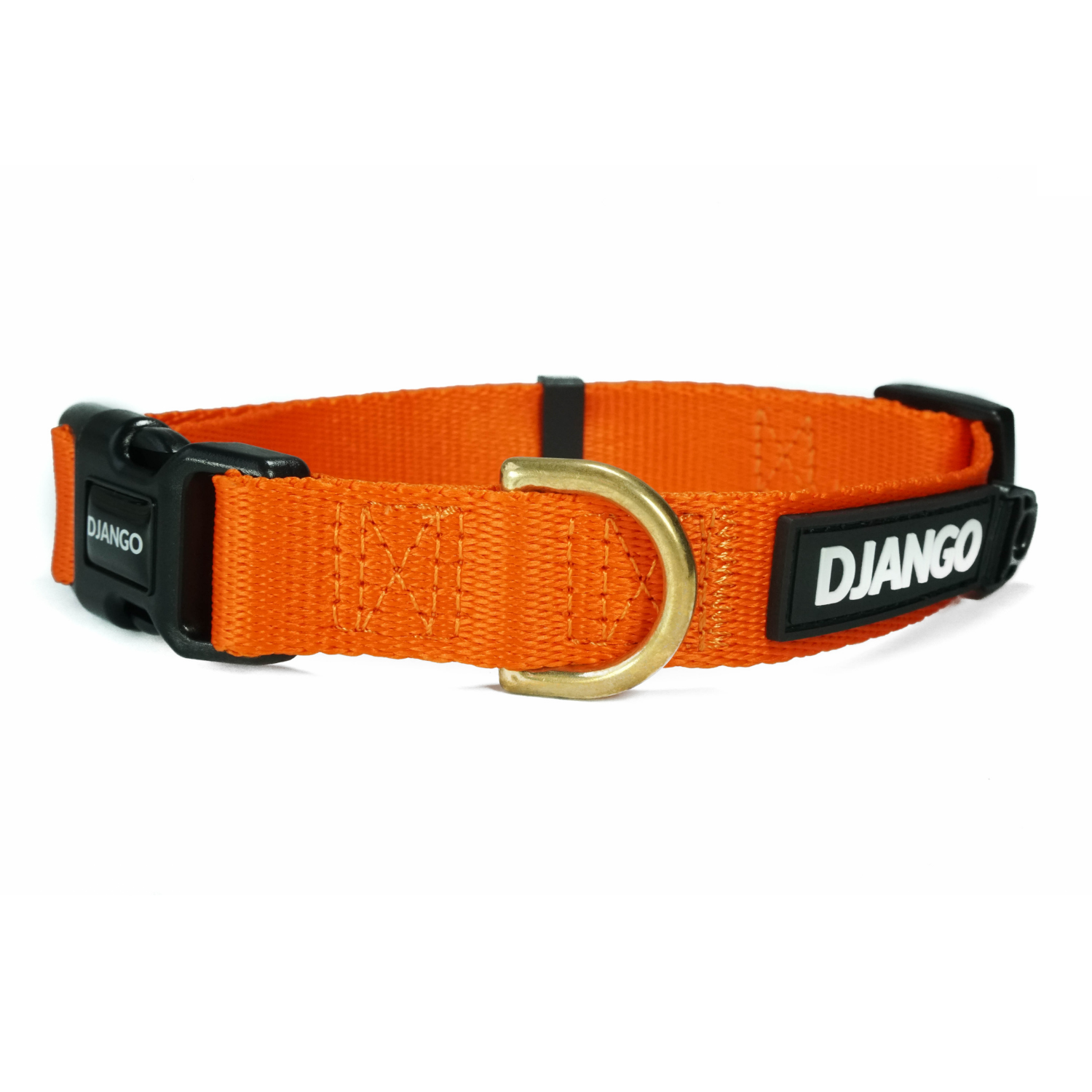 Sunset orange DJANGO Adventure Dog Collar for small and medium dogs, featuring durable webbing and solid brass hardware for lasting comfort and style