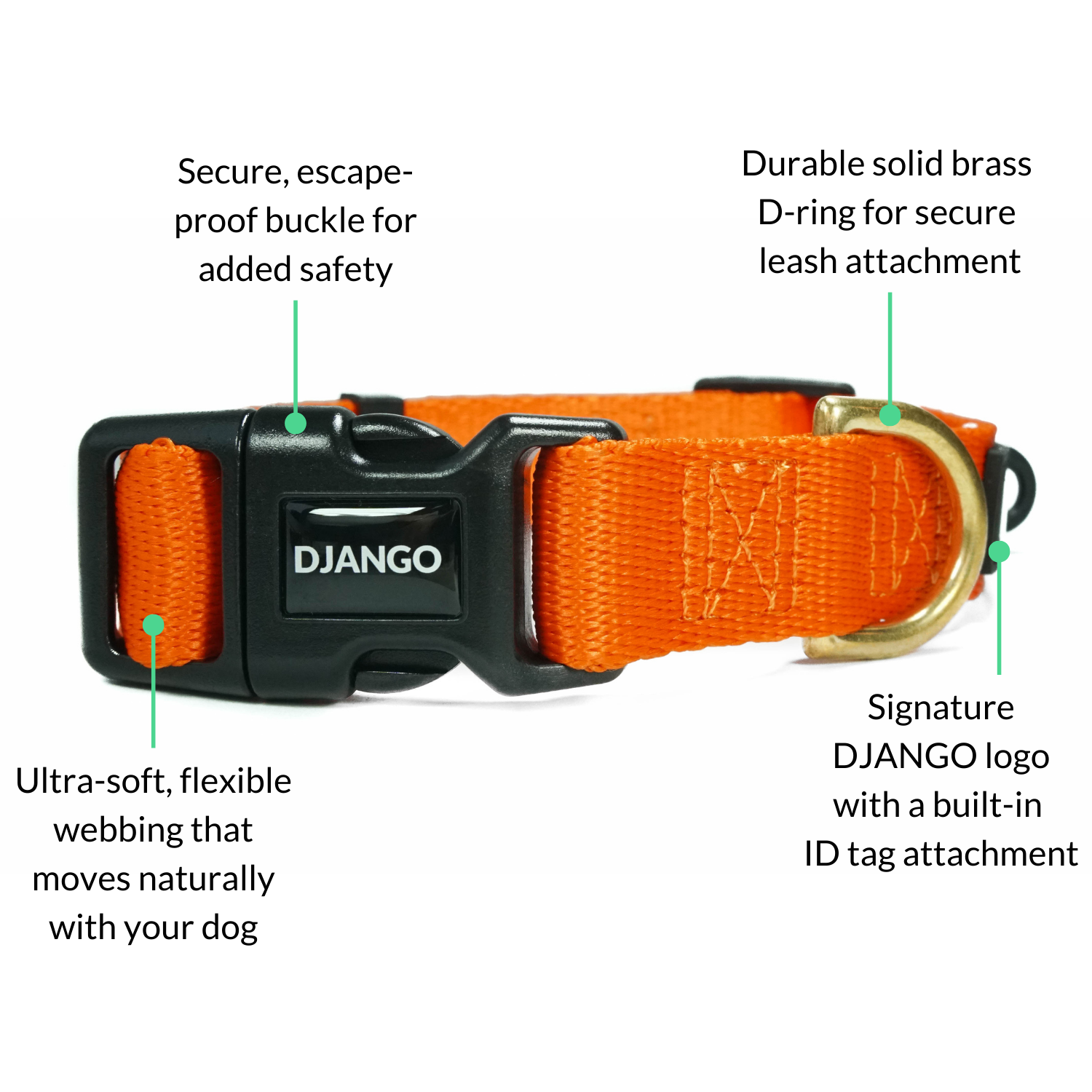 Adjustable sunset orange DJANGO Adventure Dog Collar, designed for small and medium dogs, providing a perfect fit with durable webbing and secure buckle