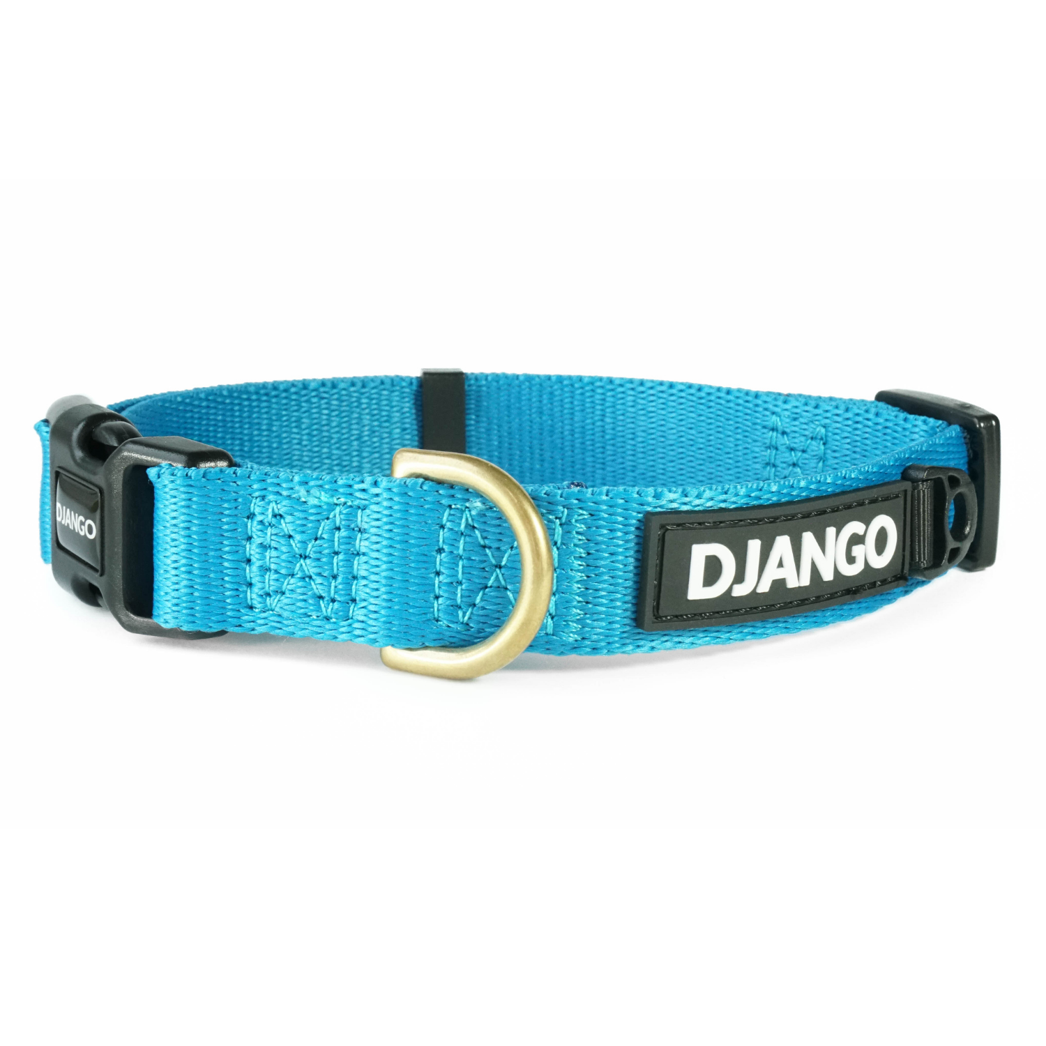 Pacific blue DJANGO Adventure Dog Collar for small and medium dogs, crafted with durable webbing and solid brass hardware for style and long-lasting comfort.