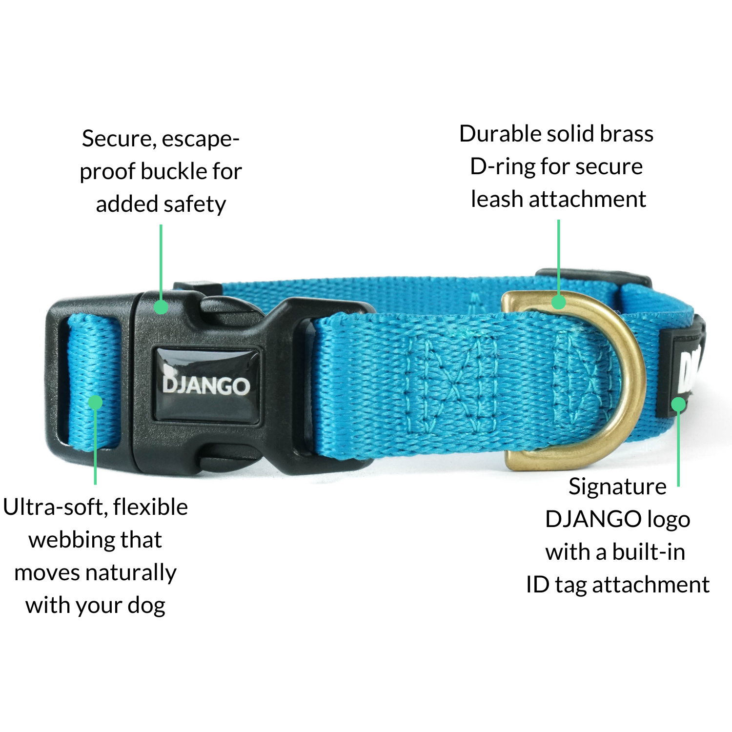 Adjustable Pacific blue DJANGO Adventure Dog Collar, designed for small and medium dogs, featuring durable webbing and a secure side-release buckle