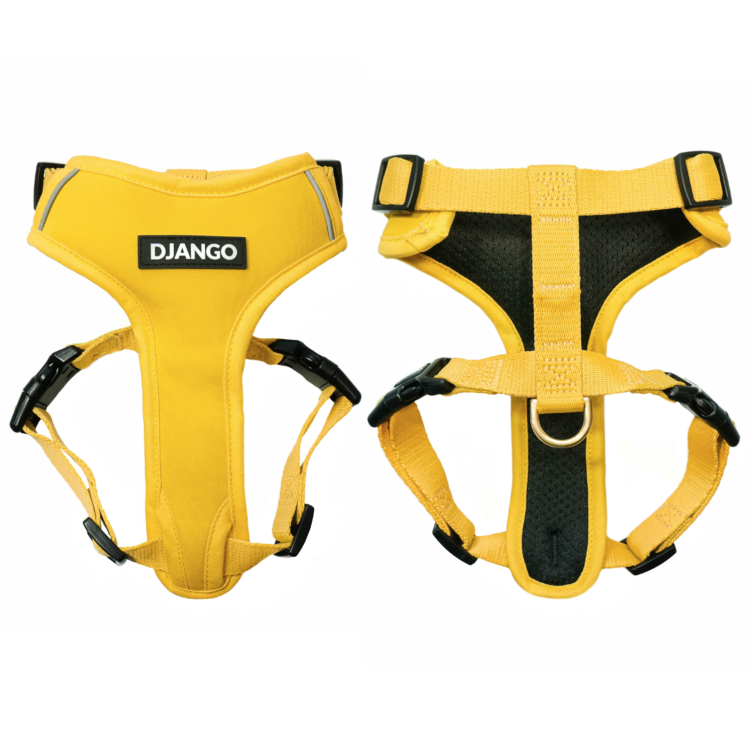 This vibrant yellow dog harness features a padded neoprene exterior, breathable mesh lining, and a secure, adjustable fit for small and medium dogs