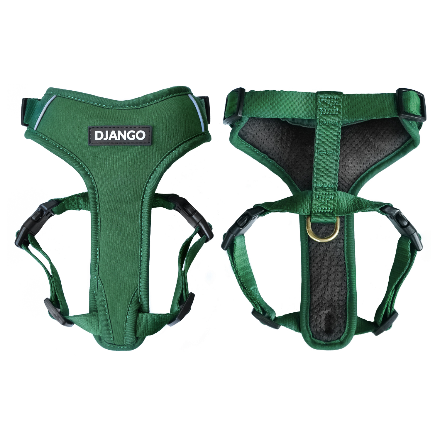 This sleek Forest Green dog harness combines comfort and durability with a padded neoprene exterior, breathable mesh lining, and a secure, adjustable fit for small and medium dogs.