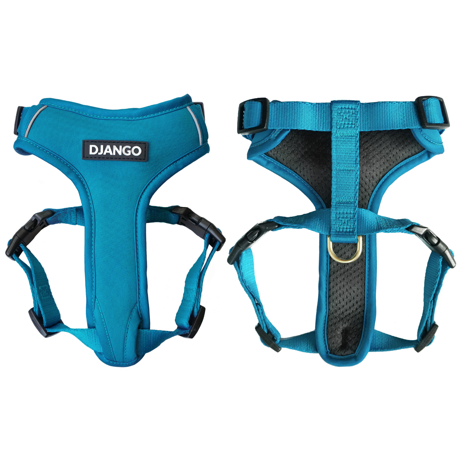 This stylish dog harness in pacific blue offers comfort, durability, and a secure fit with padded neoprene, breathable mesh lining, and adjustable straps for small and medium dogs.