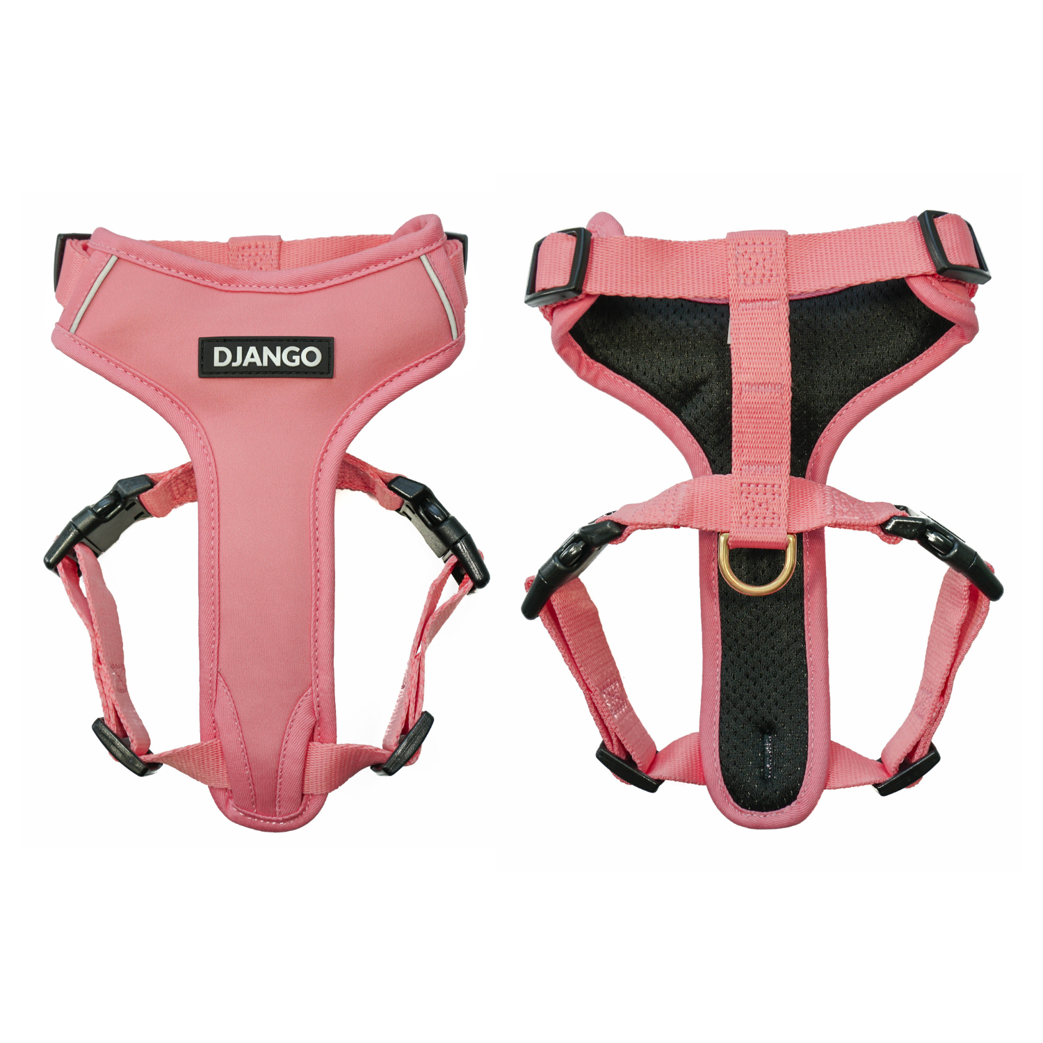 This stylish pink escape proof dog harness offers comfort, durability, and a secure fit with padded neoprene, breathable mesh lining, and adjustable straps for small and medium dogs. Perfect for puppies, adult dogs, and senior dogs.