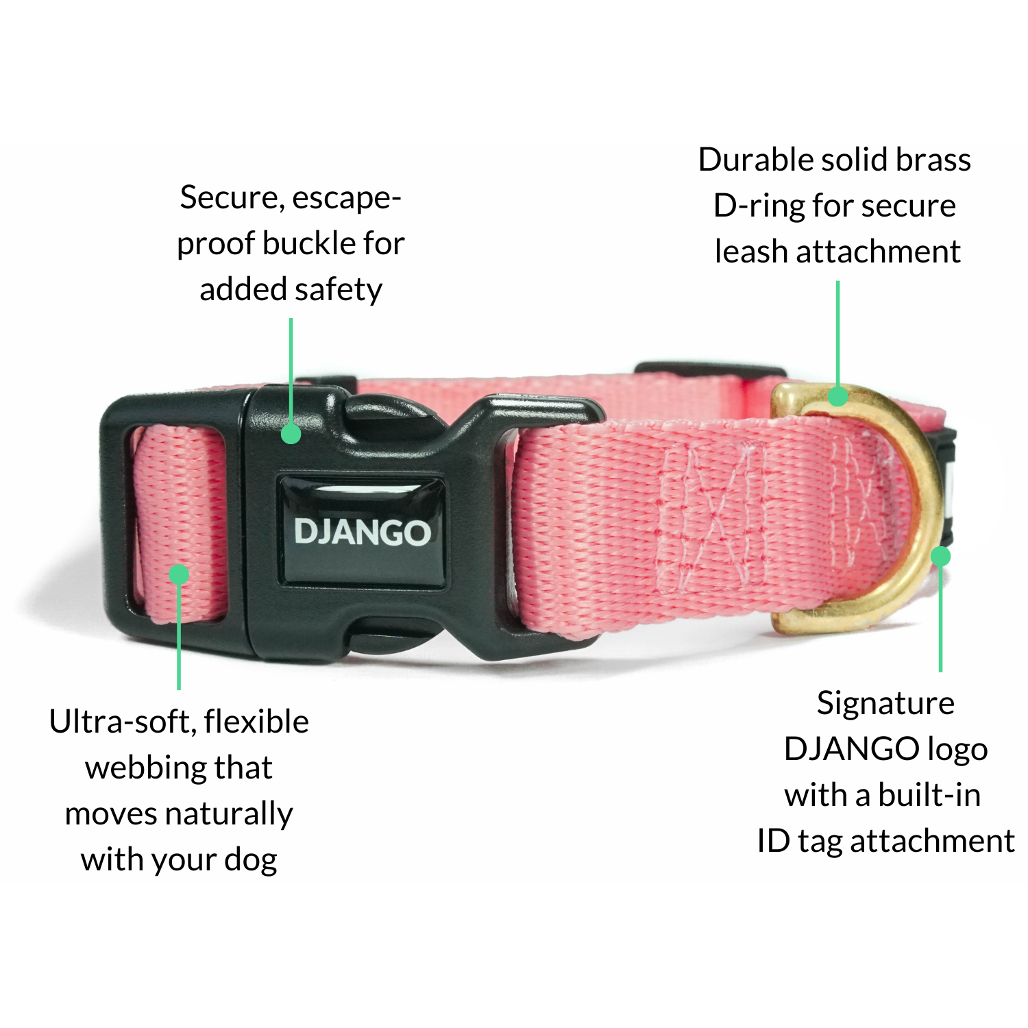 Quartz pink DJANGO Adventure Dog Collar with a brass D-ring for leash attachment, offering durability and comfort for small and medium dogs on outdoor adventures