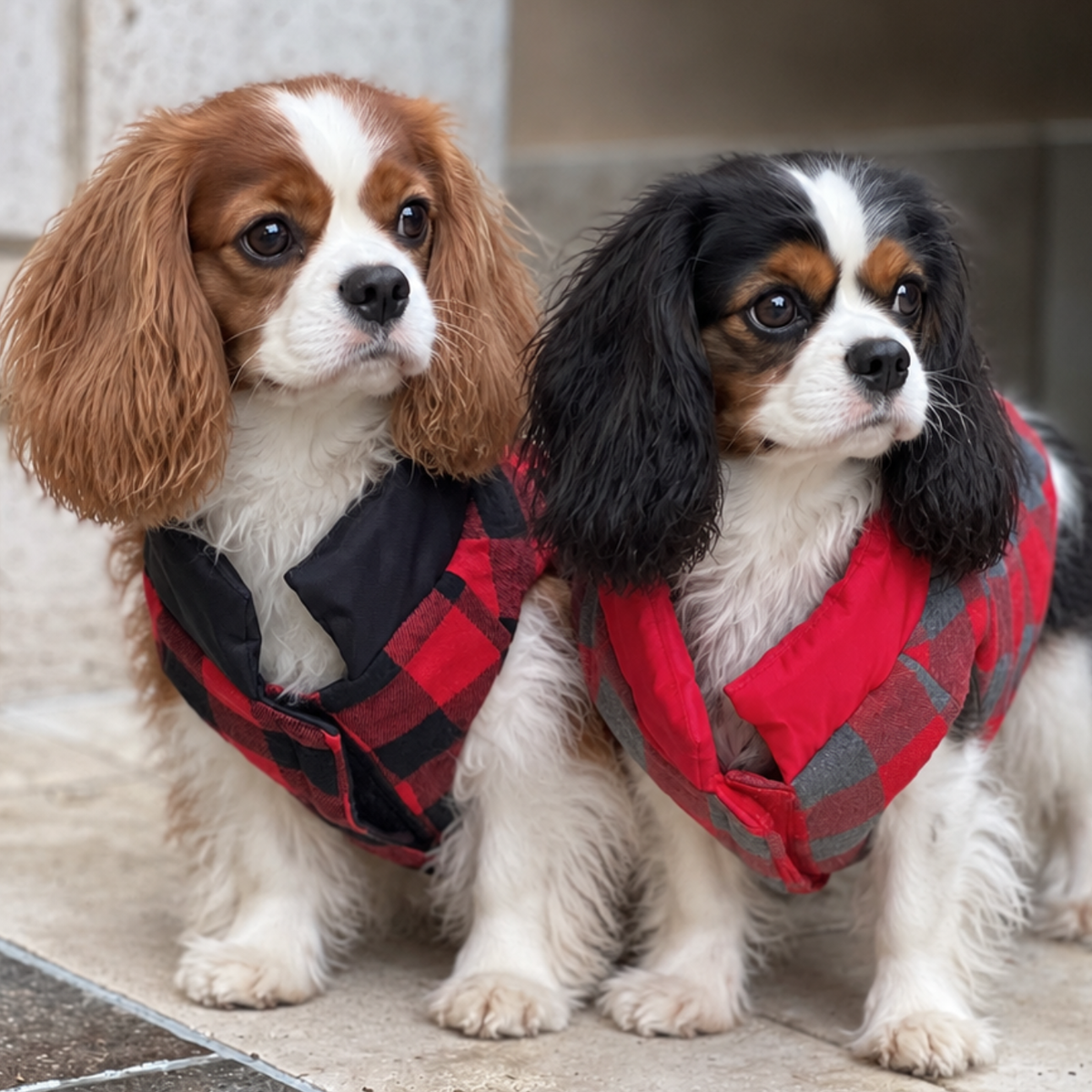 Two cavalier king charles spaniels standing outside on stone walkway and wearing matching plaid small dog winter puffer coats with colorful plaid and soft neck collars to shield wind and cold
