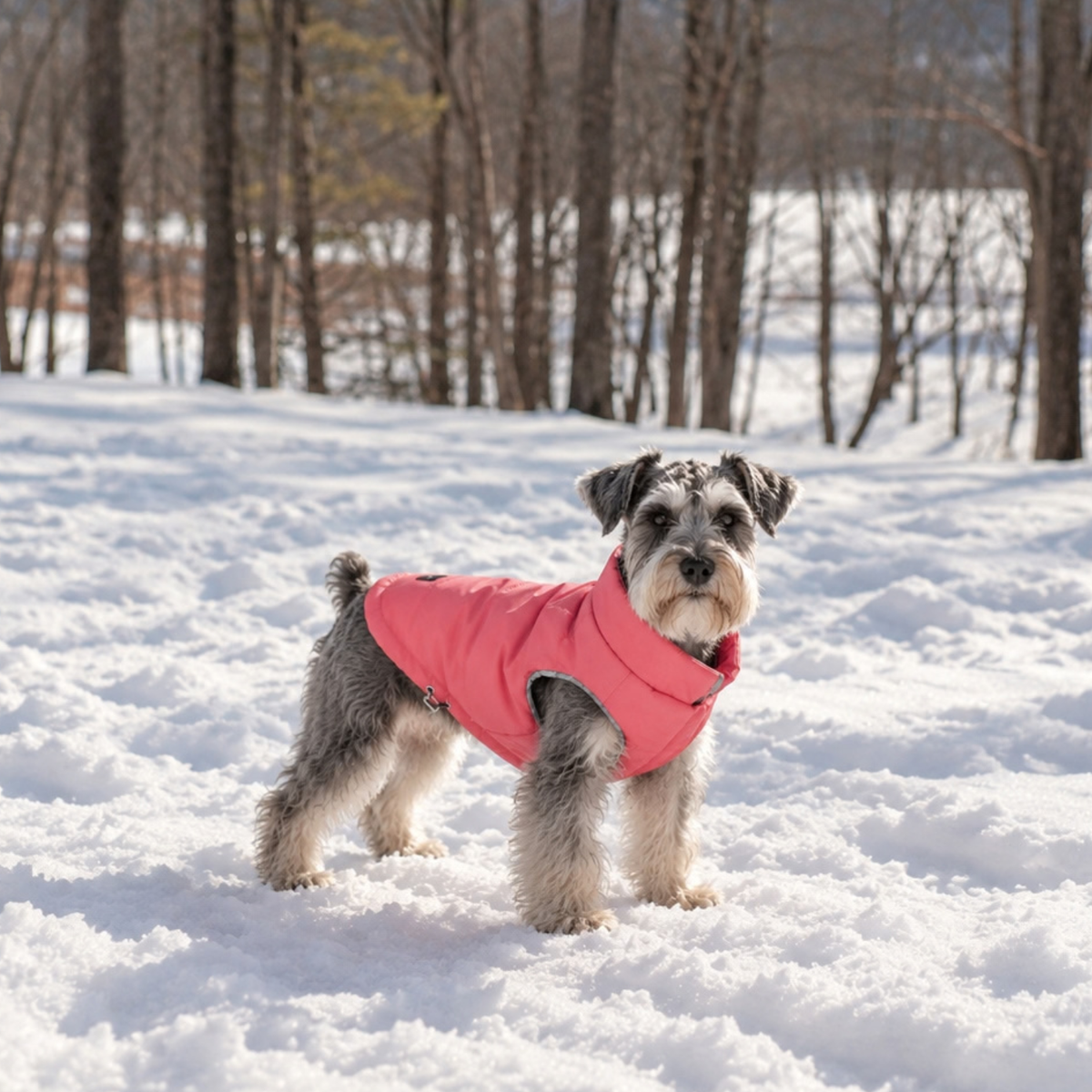 Miniature schnauzer wearing a lightweight and adjustable winter puffer dog coat while standing in snowy field with trees in background