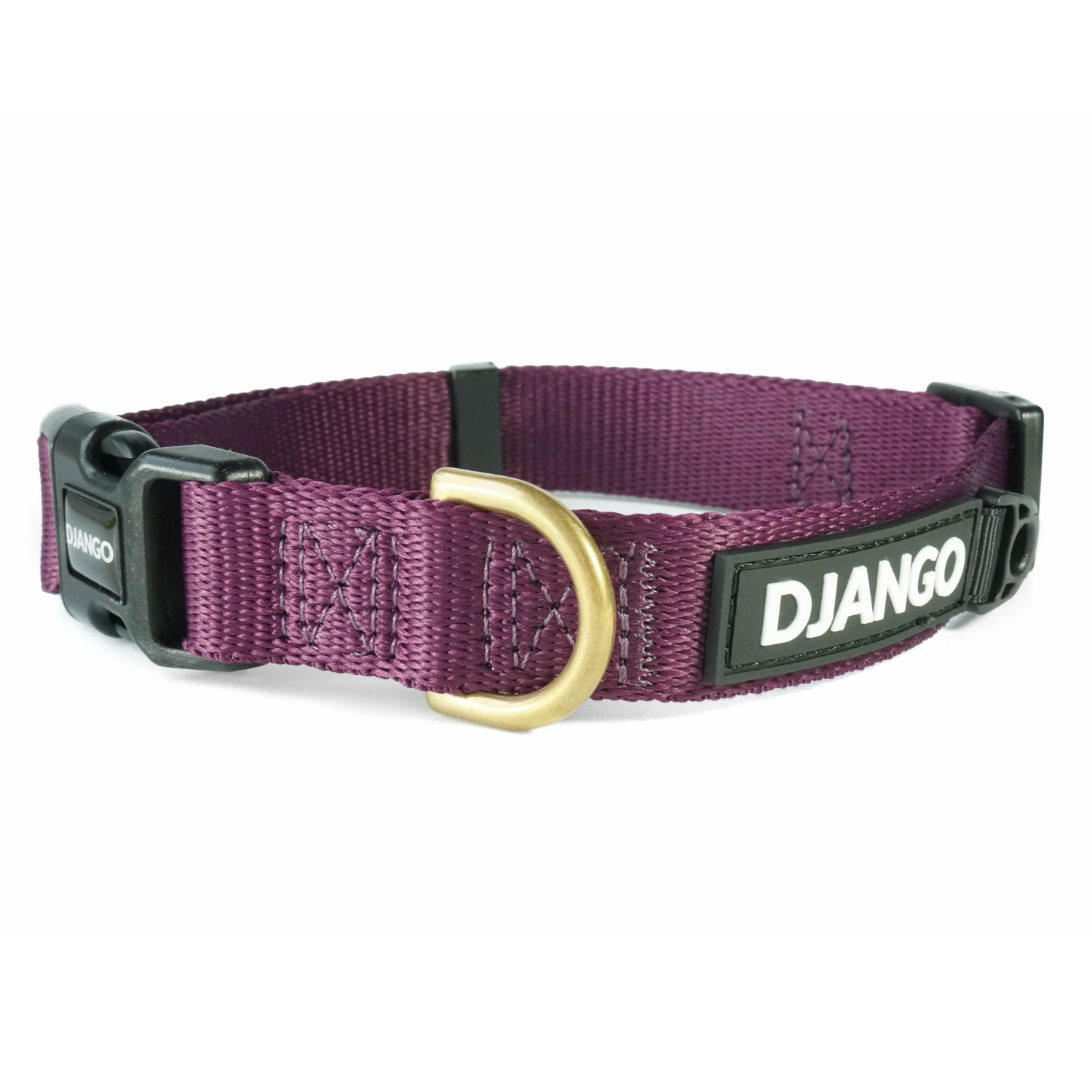 Plum purple DJANGO Adventure Dog Collar, perfect for small and medium dogs, offering durable webbing and brass hardware for outdoor adventures and daily walks