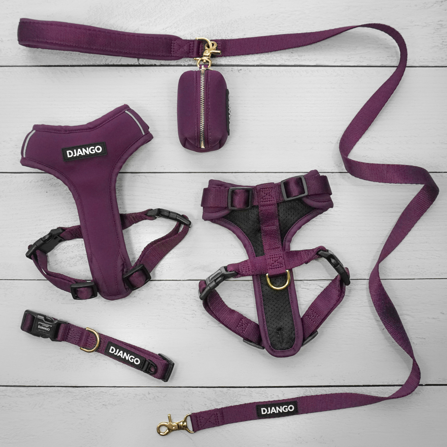 Plum purple DJANGO Adventure Dog Collar for active small and medium dogs, featuring an adjustable fit, durable webbing, and brass D-ring for leash attachment