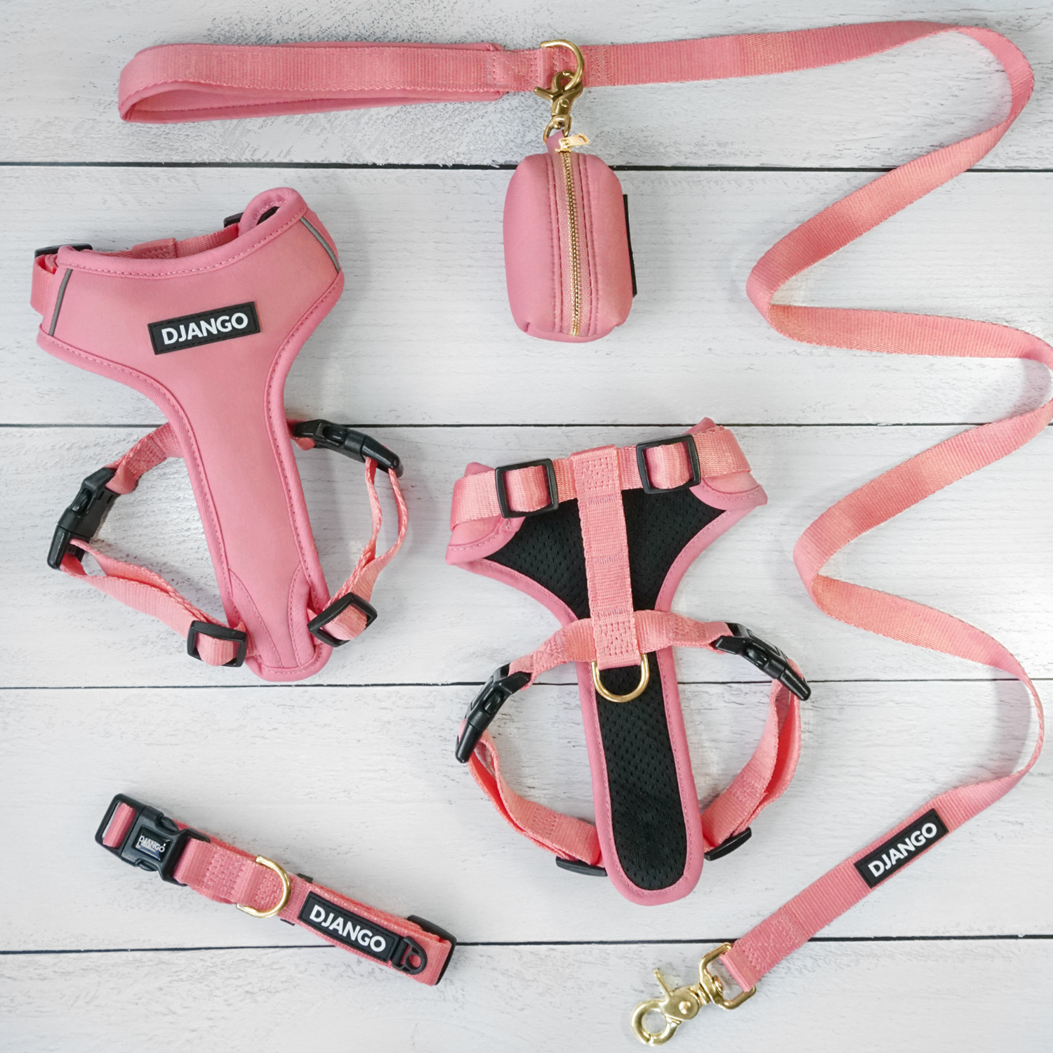 Quartz pink DJANGO Adventure Dog Collar with a brass D-ring for leash attachment, offering durability and comfort for small and medium dogs on outdoor adventures