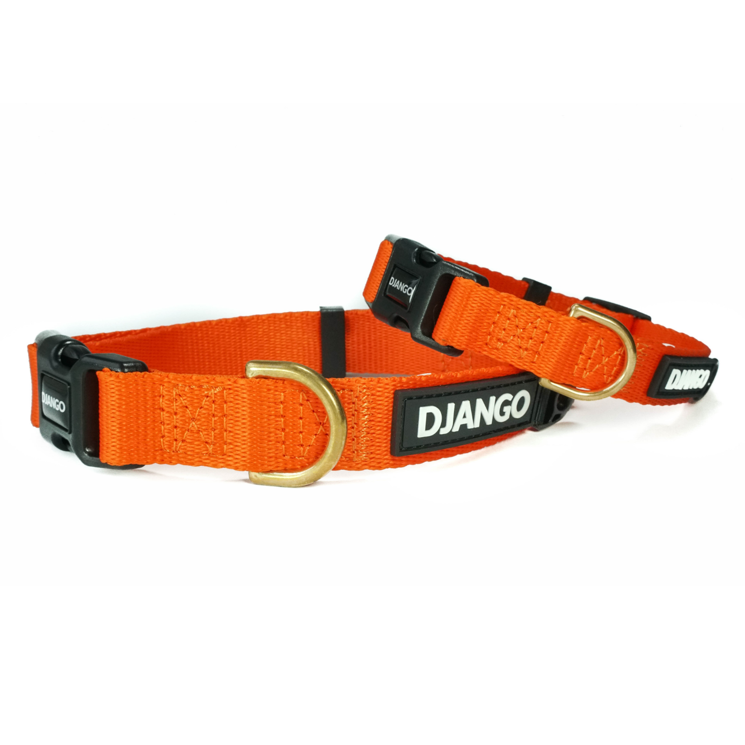 Safety orange DJANGO Adventure Dog Collar with adjustable webbing for a perfect fit, designed for small and medium dogs to ensure comfort and style