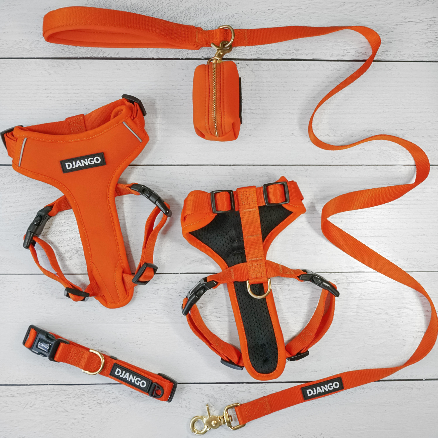 orange-adventure-dog-collar-active
Safety orange dog collar and harness set for active small and medium dogs, featuring durable webbing, brass hardware, and a secure side-release buckle.