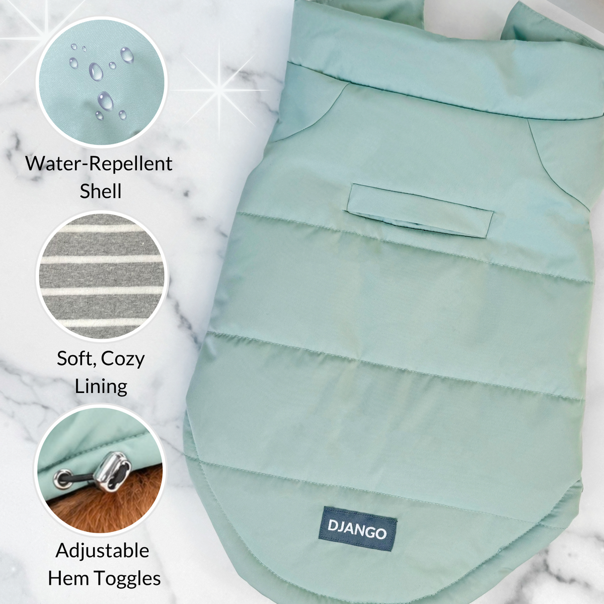 Feature callouts for DJANGO Snowline Puffer Dog Coat in color Sea Foam Green including water-repellent shell, cozy striped lining, and adjustable hem toggles