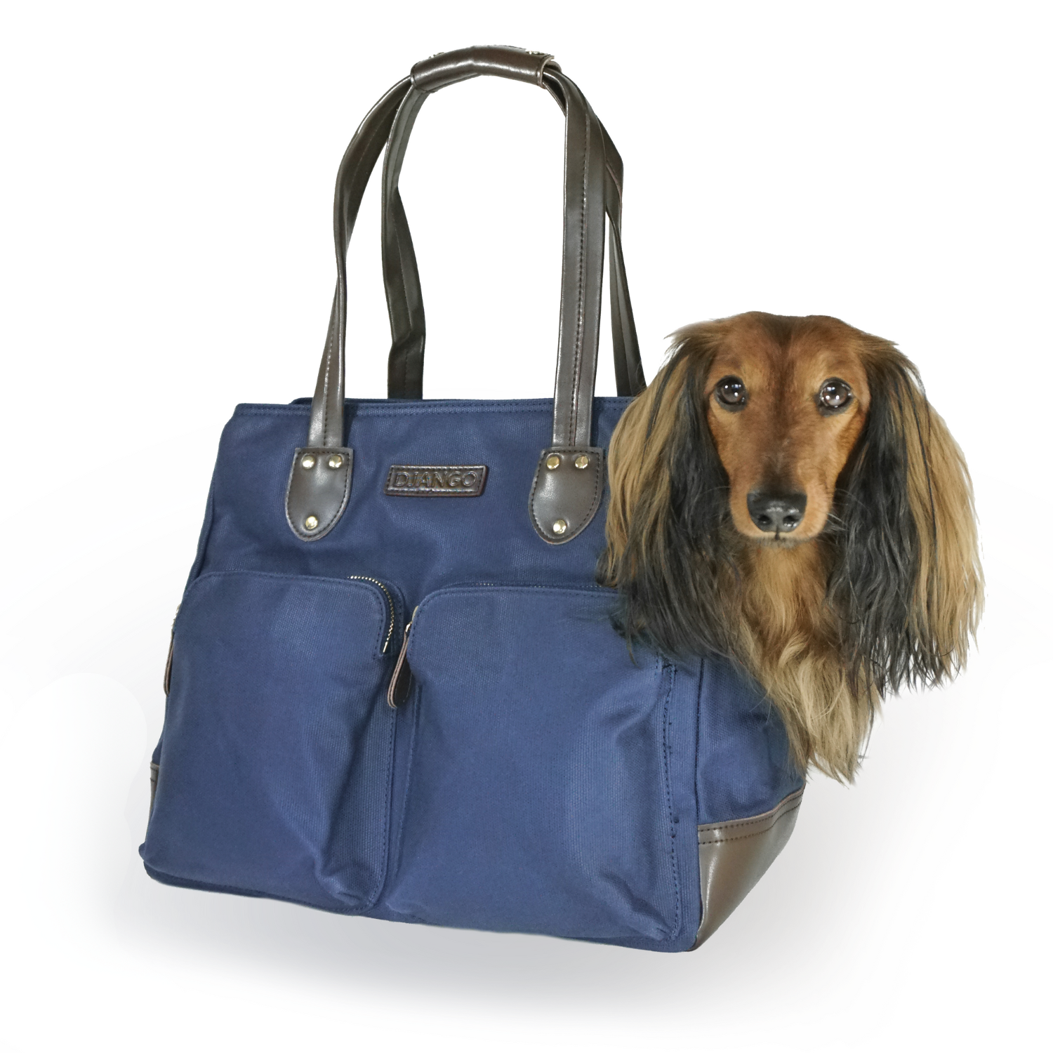 premium designer best dog carrier tote bag and pet travel tote in navy blue waxed canvas with zipper pockets and genuine leather
