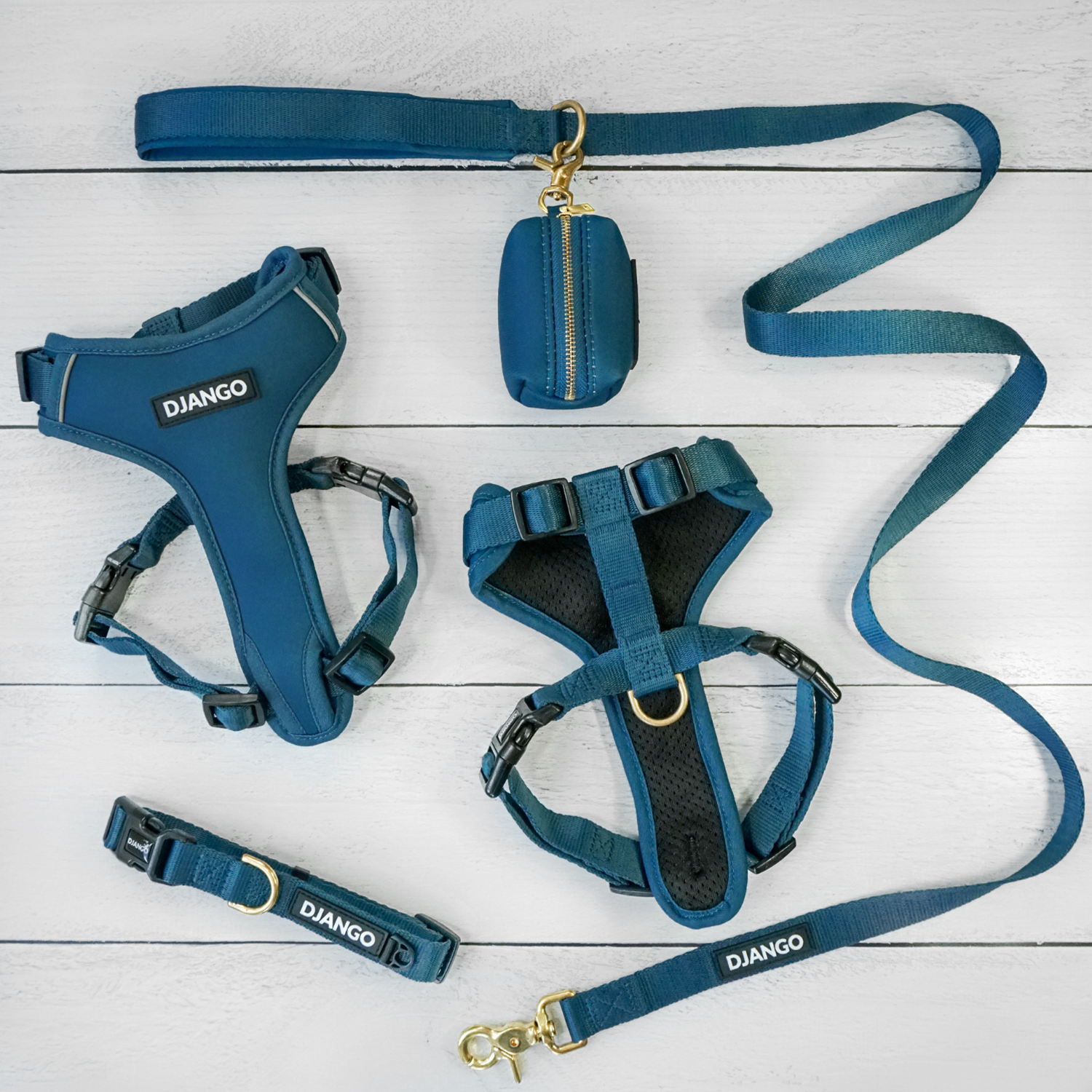 Indigo Blue Adventure Bundle – Stylish indigo blue dog harness, leash, collar, and waste bag holder set from DJANGO's Adventure Bundle series.