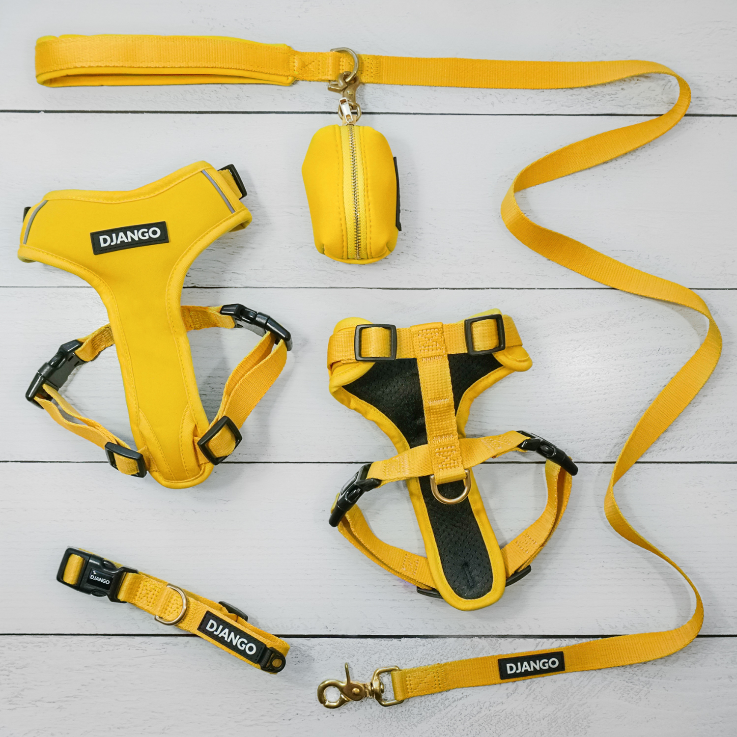 Dandelion Yellow Adventure Bundle – Bright dandelion yellow Adventure Bundle by DJANGO, including a harness, leash, collar, and waste bag holder.