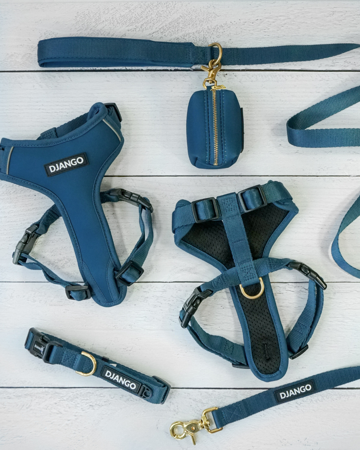 Front and back lay flat views of DJANGO Adventure Dog Harness in Indigo Blue with matching leash and solid cast brass hardware