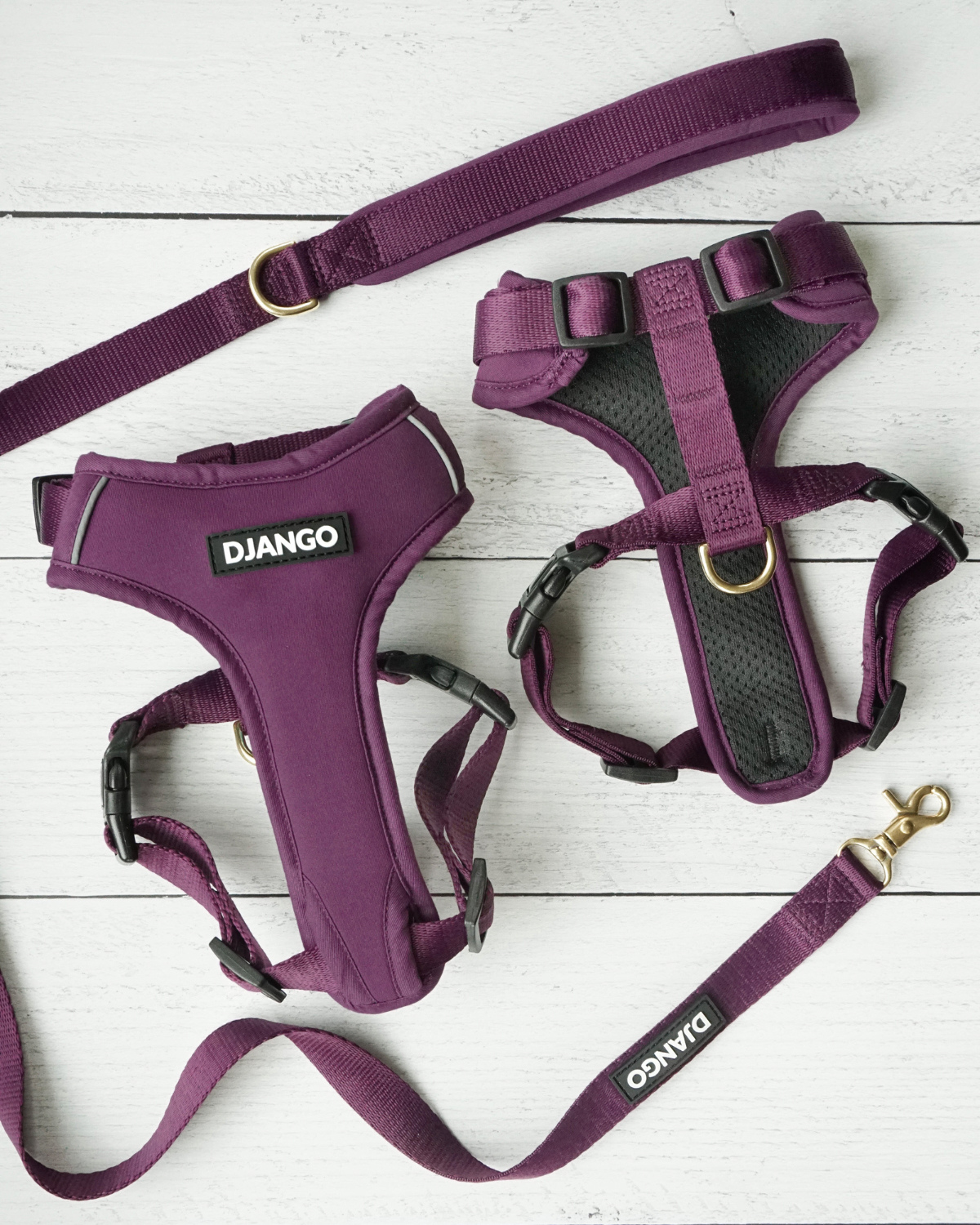 Front and back lay flat views of DJANGO Adventure Dog Harness in Plum Purple with matching leash and solid cast brass hardware