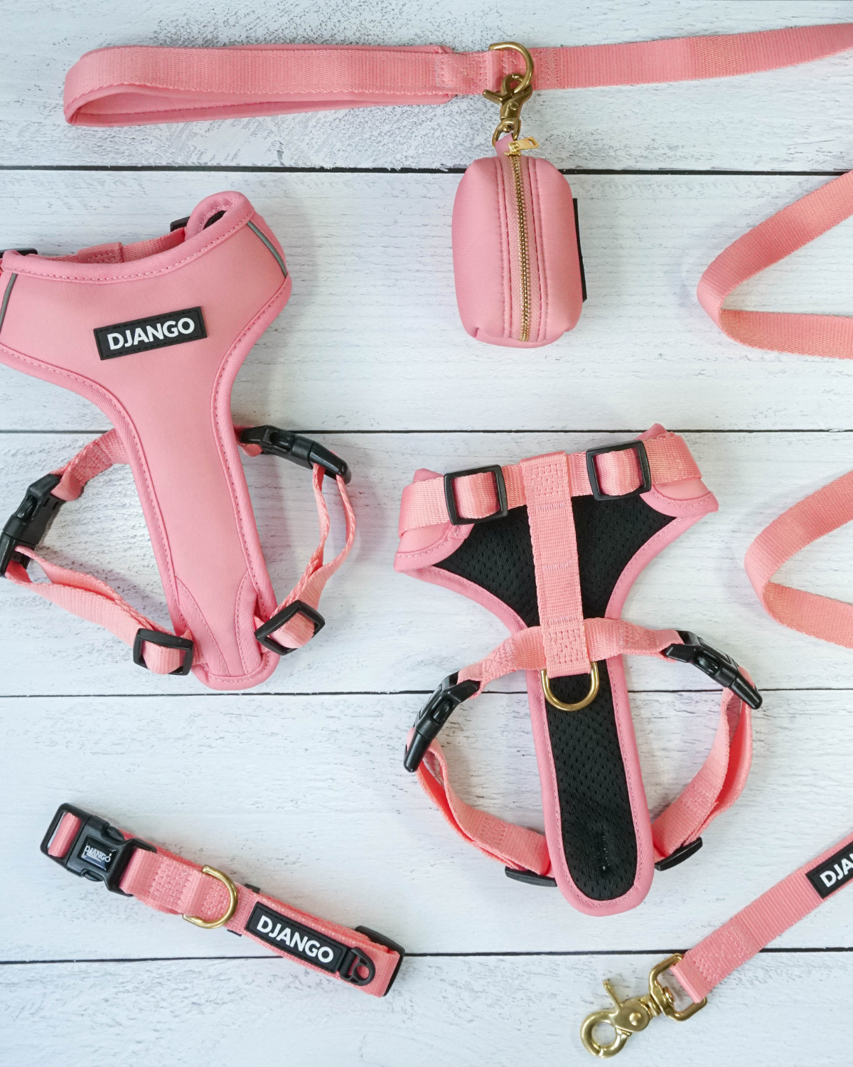 Front and back lay flat views of DJANGO Adventure Dog Harness in Quartz Pink with matching leash, collar and waste bag holder featuring stylish solid cast brass hardware