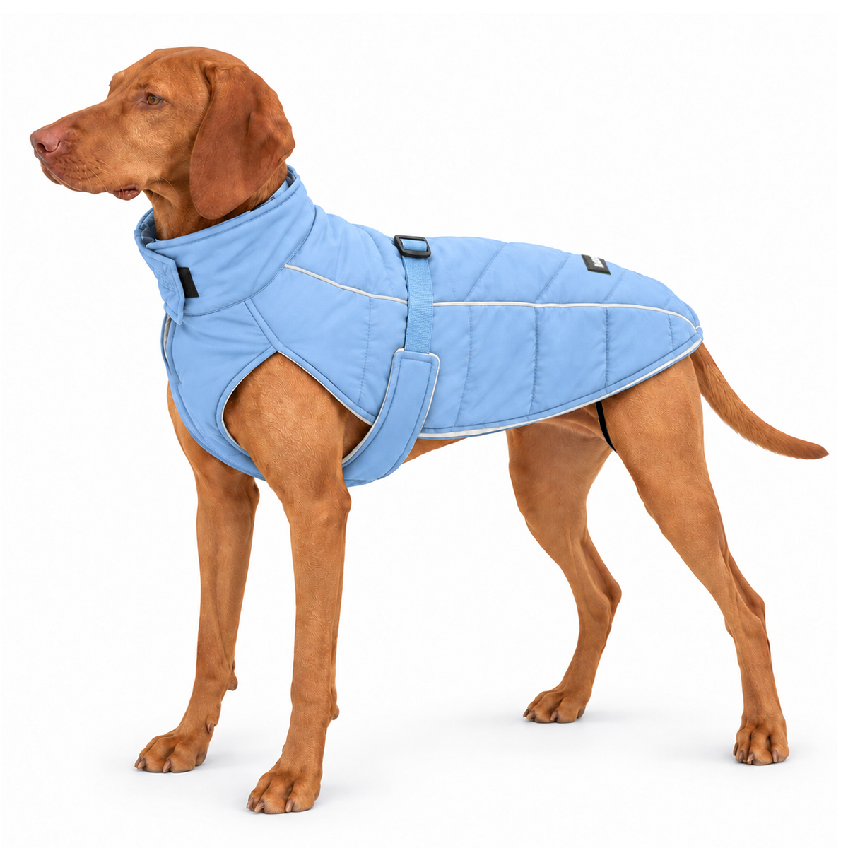 Large reddish-brown vizsla dog wearing a quilted and insulated winter puffer parka in size XL