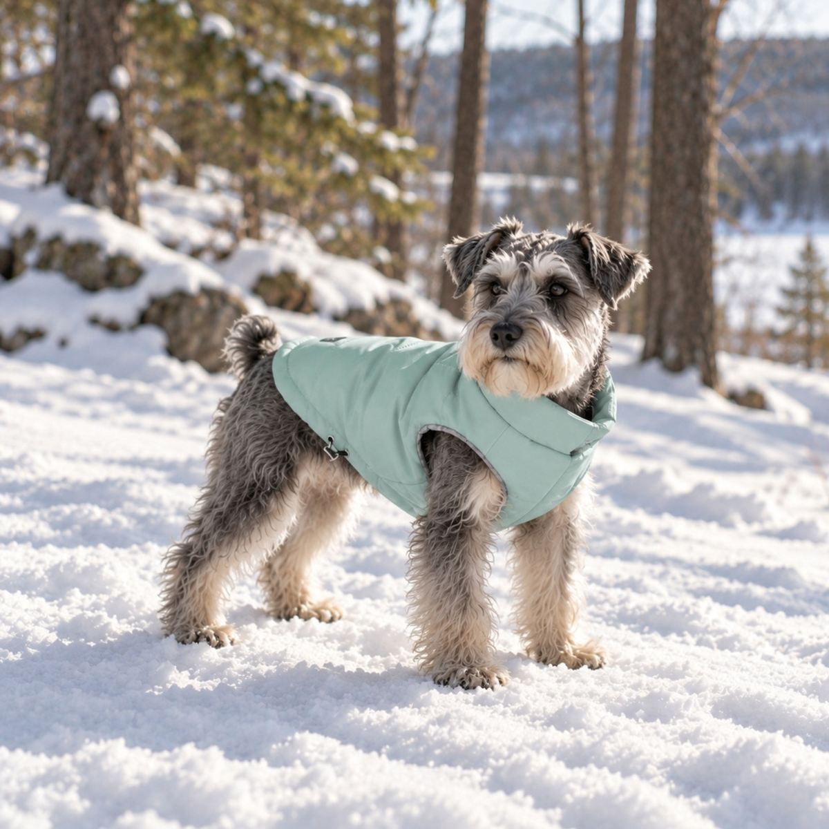 Medium-sized miniature schnauzer dog wearing a soft and insulated winter puffer coat in color Sea Foam Green while standing outside in snow and woodsy landscape