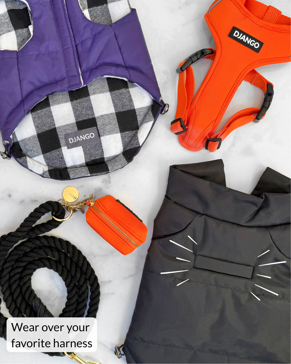 Colorful orange, purple and black dog coats, harness, rope leash, and waste bag holder with callout of harness hole on black puffer dog jacket