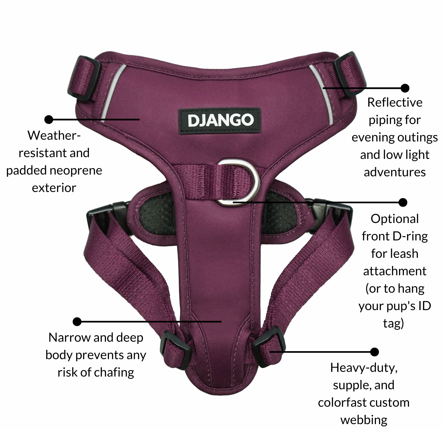 DJANGO Tahoe No Pull Dog Harness in Raspberry Purple - Key features include a weather-resistant and padded neoprene exterior, a narrow and deep harness body (to prevent the risk of chafing) reflective piping, and soft webbing. - djangobrand.com