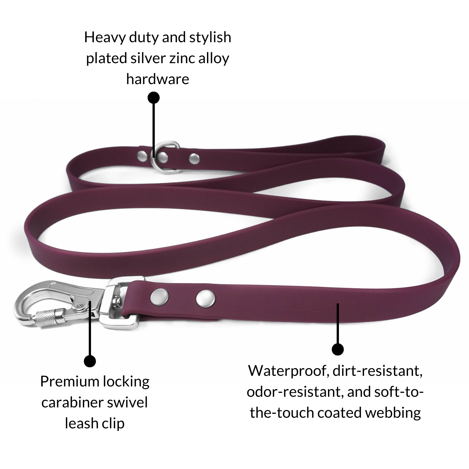 DJANGO Tahoe Dog Leash in Raspberry Purple - The waterproof dog leash features heavy duty and stylish plated silver hardware and a premium locking carabiner leash clip for extra security - djangobrand.com