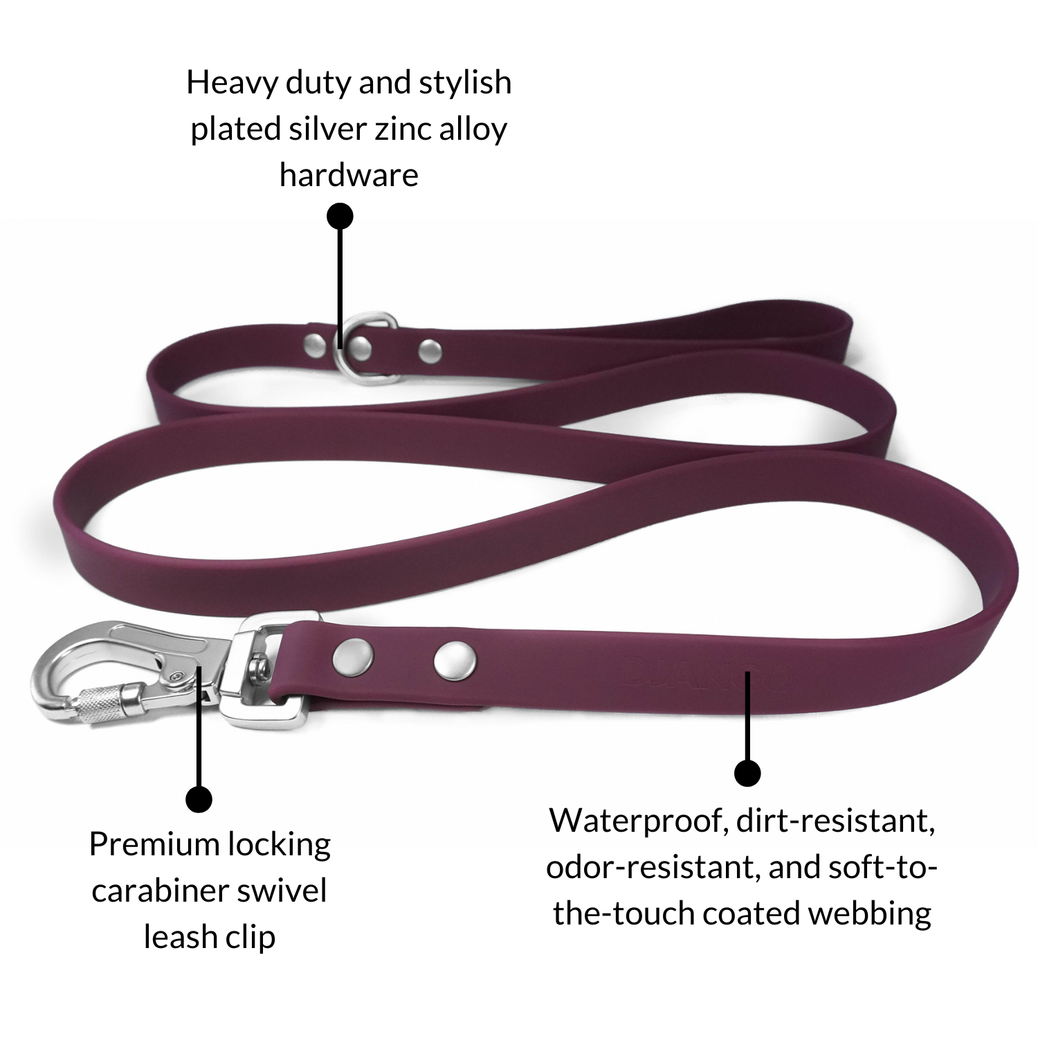 DJANGO Tahoe Dog Leash in Raspberry Purple - The waterproof dog leash features heavy duty and stylish plated silver hardware and a premium locking carabiner leash clip for extra security - djangobrand.com 