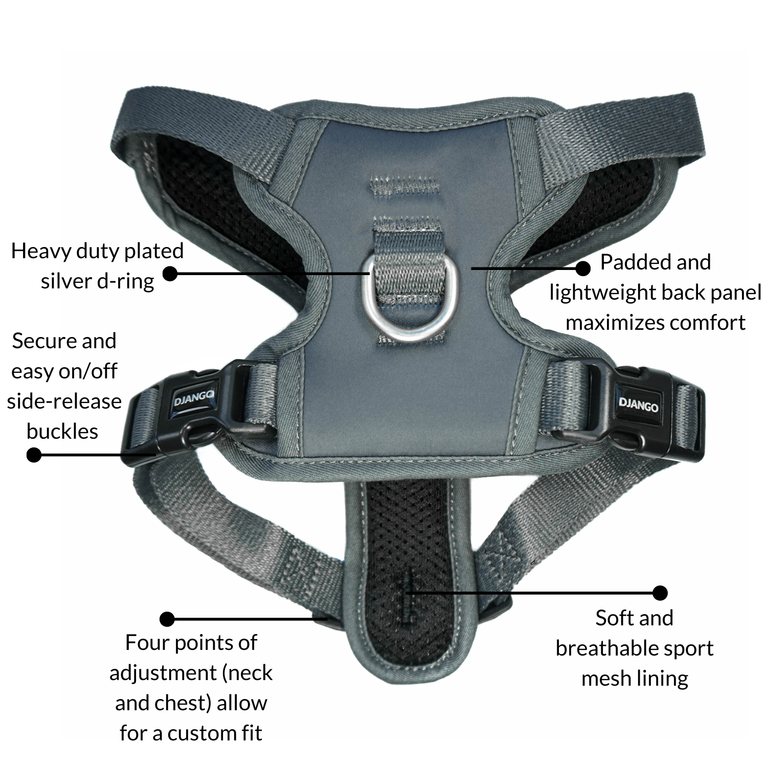 DJANGO Tahoe No Pull Dog Harness in Poppy Seed Gray - Additional features include a padded and lightweight back panel for added comfort, soft and breathable mesh lining, four points of adjustment, secure and easy on/off buckles, and heavy duty plated silver hardware. - djangobrand.com