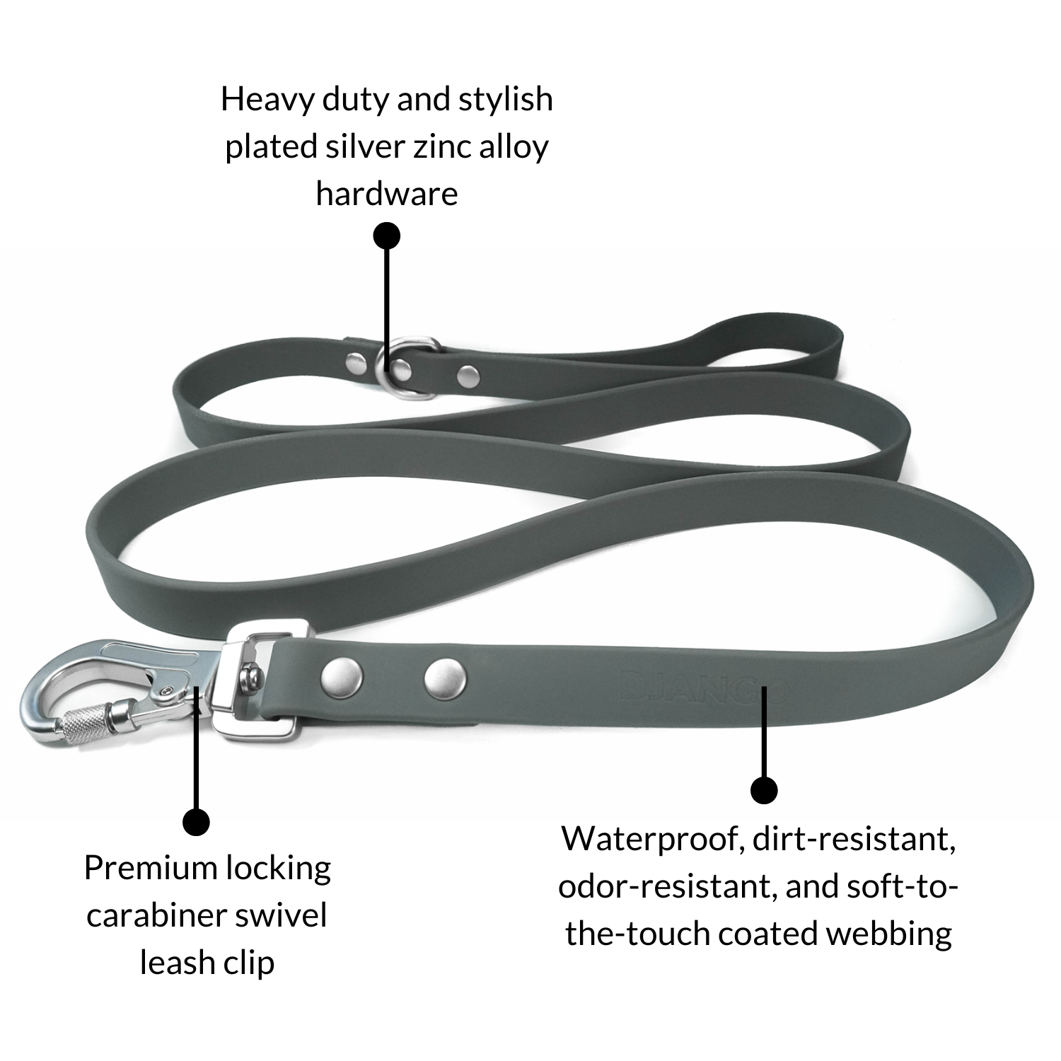 DJANGO Tahoe Dog Leash in Poppy Seed Gray - The waterproof dog leash features heavy duty and stylish plated silver hardware and a premium locking carabiner leash clip for extra security - djangobrand.com
