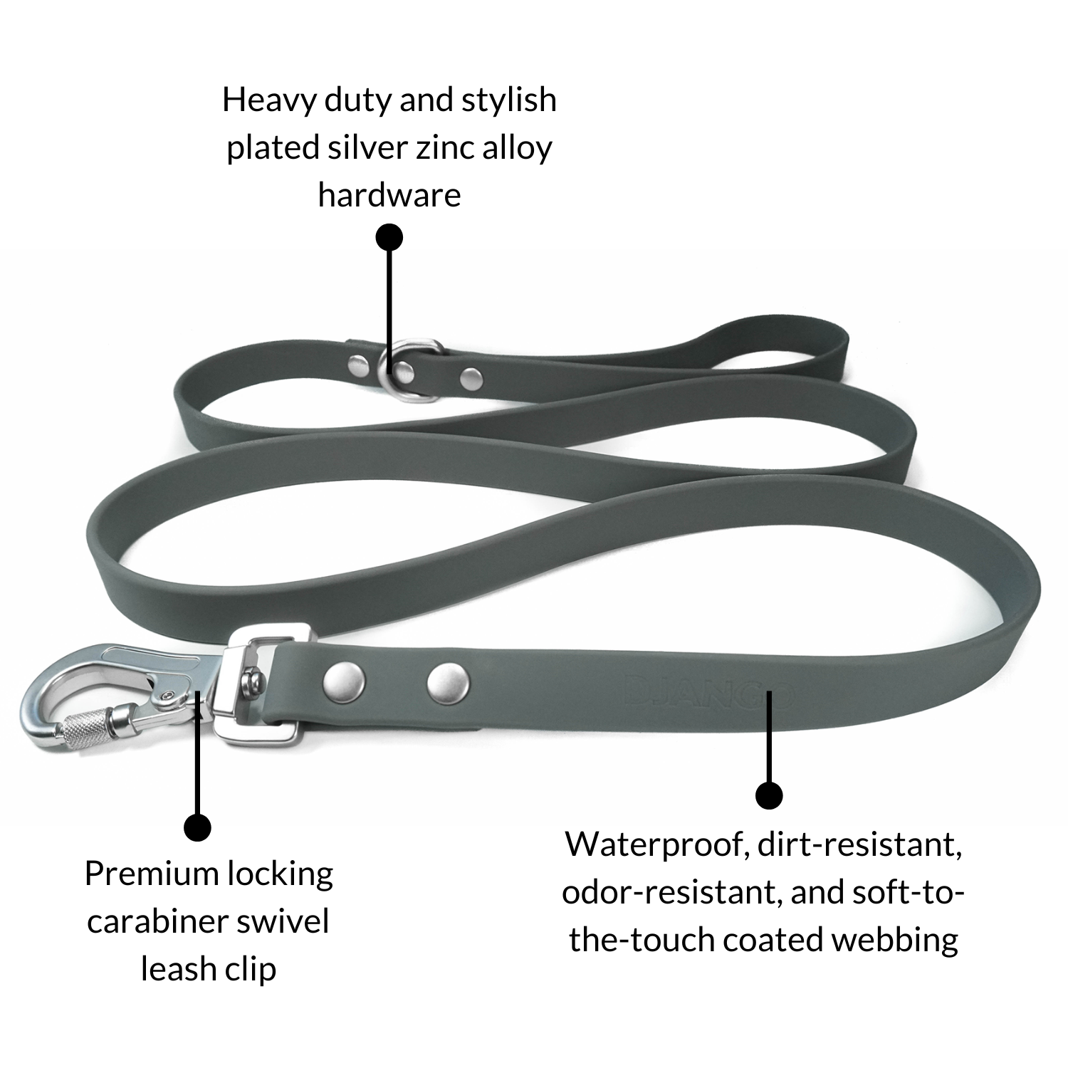 DJANGO Tahoe Dog Leash in Poppy Seed Gray - The waterproof dog leash features heavy duty and stylish plated silver hardware and a premium locking carabiner leash clip for extra security - djangobrand.com 