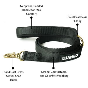 DJANGO Adventure Dog Leash in Black – Strong, Comfortable, and Stylish Dog Leash with Solid Brass Hardware and Padded Handle - Designed for Outdoor Adventures and Everyday Use
