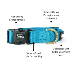 DJANGO Adventure Dog Collar in Pacific Blue - Modern, durable, and stylish collar for small and medium dogs and puppies with solid cast brass hardware - djangobrand.com