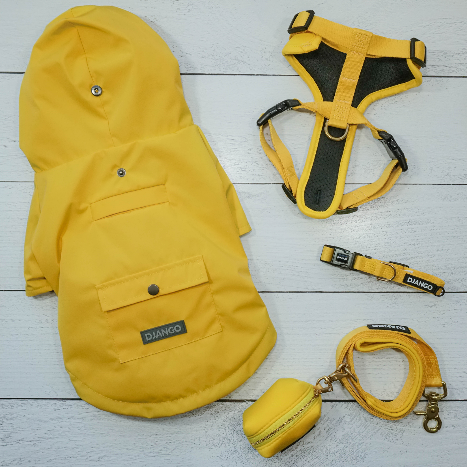 DJANGO Adventure Dog Harness, Dog Collar, Dog Leash, Poop Bag Holder, and matching Highland Cold Weather Dog Jacket and Raincoat in Dandelion Yellow - djangobrand.com