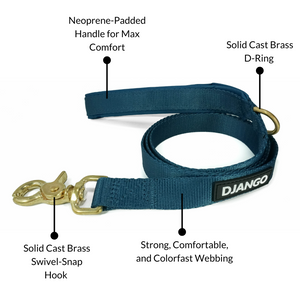 DJANGO Adventure Dog Leash in Indigo Blue – Strong, Comfortable, and Stylish Dog Leash with Solid Brass Hardware and Padded Handle - Designed for Outdoor Adventures and Everyday Use