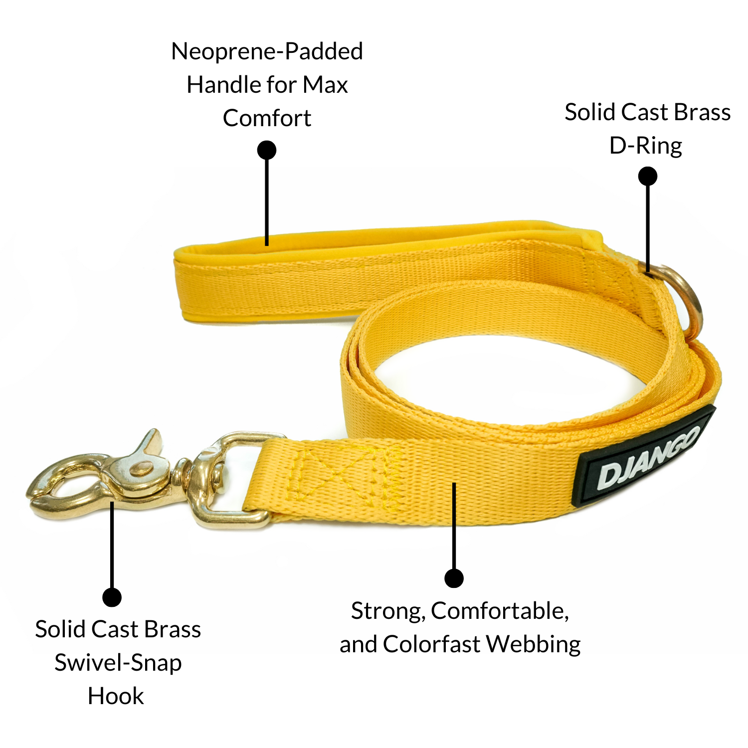 DJANGO Adventure Dog Leash in Dandelion Yellow – Strong, Comfortable, and Stylish Dog Leash with Solid Brass Hardware and Padded Handle - Designed for Outdoor Adventures and Everyday Use - djangobrand.com