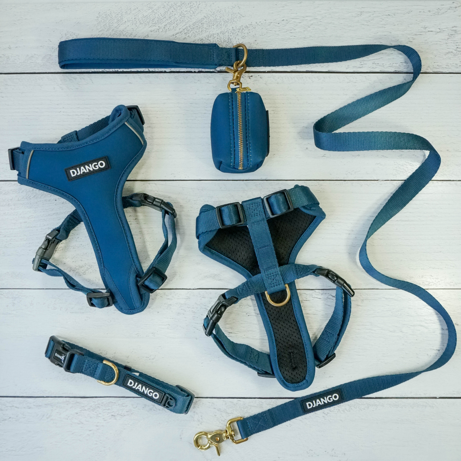 DJANGO Adventure Dog Harness, Dog Collar, Dog Leash, and Poop Bag Holder set in Indigo Blue - djangobrand.com