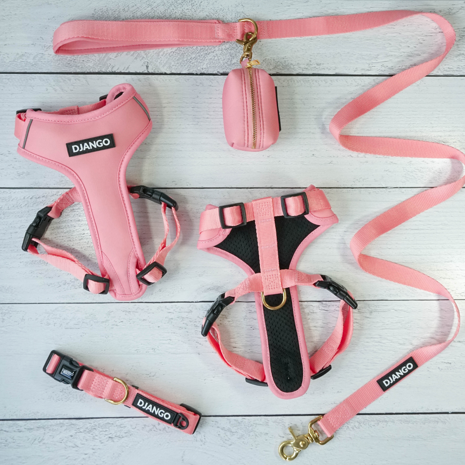 DJANGO Adventure Dog Harness, Dog Collar, Dog Leash, and Poop Bag Holder set in Quartz Pink - djangobrand.com
