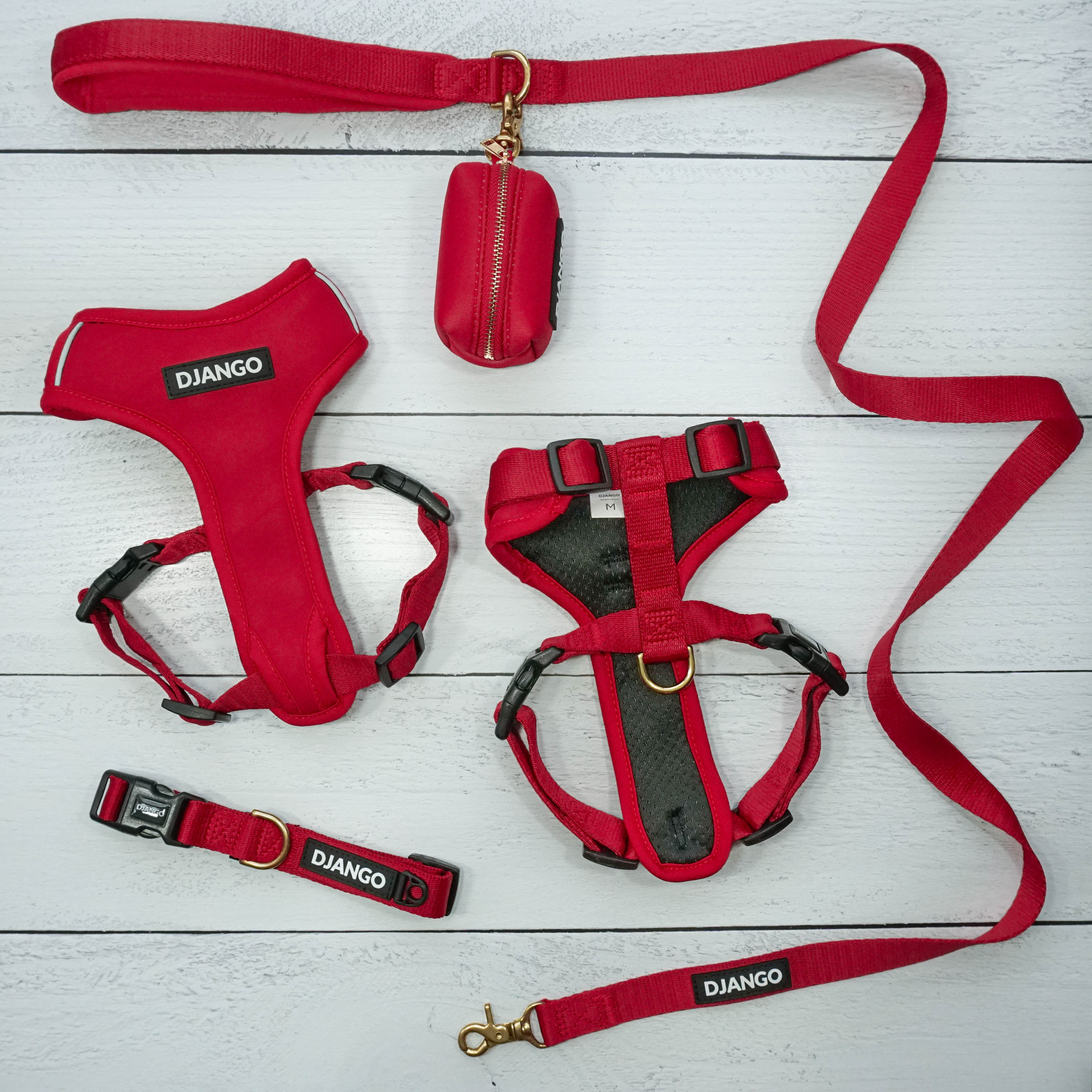 DJANGO Adventure Bundle in Crimson Red - The Adventure Bundle includes our comfortable, durable, and weather-resistant Adventure Dog Harness, Adventure Dog Collar, Standard Adventure Dog Leash, and chic Waste Bag Holder. All items feature high-strength and corrosion-resistant solid brass hardware. Save $$$ when you complete your set and order the Adventure Bundle - djangobrand.com