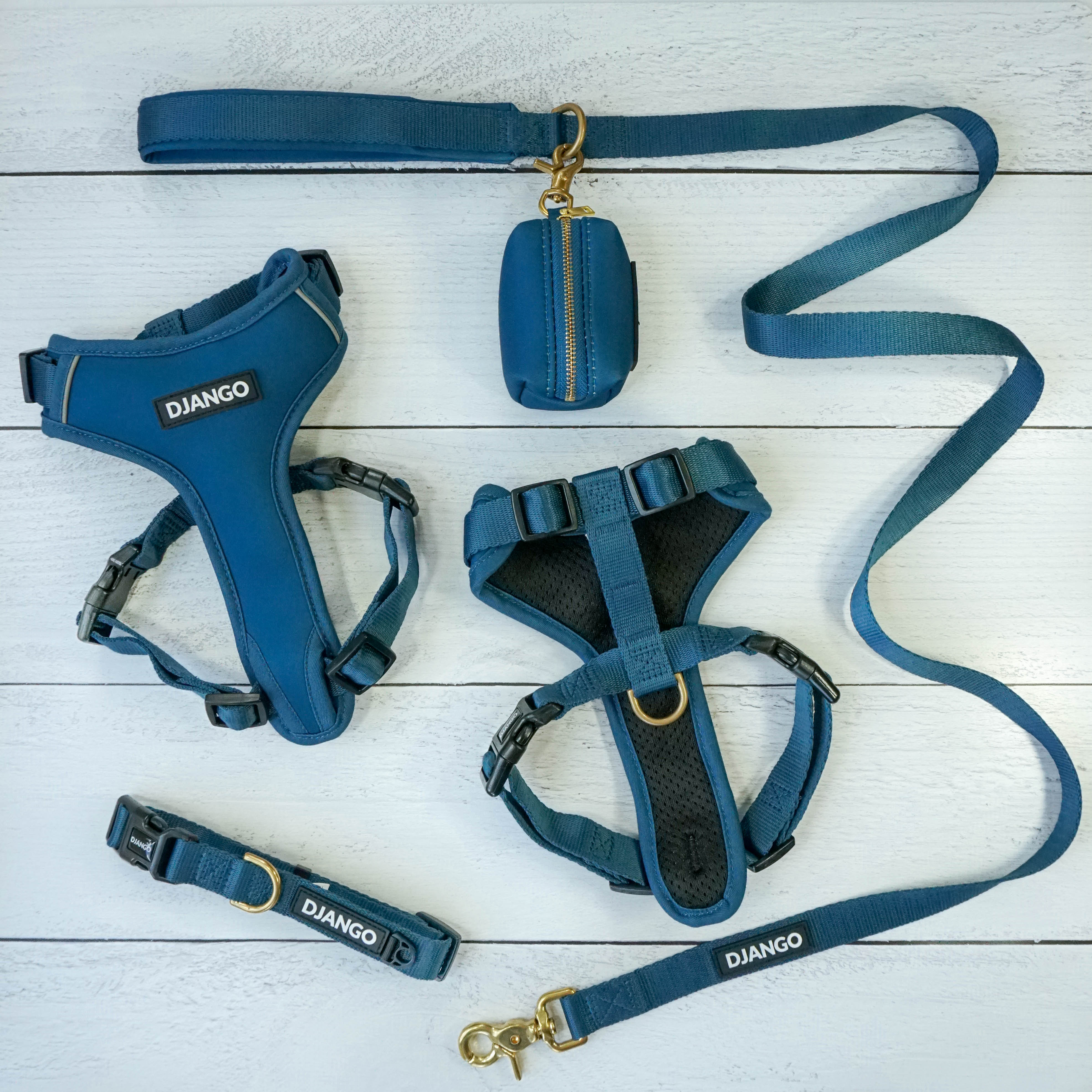 DJANGO Adventure Bundle in Indigo Blue - The Adventure Bundle includes our comfortable, durable, and weather-resistant Adventure Dog Harness, Adventure Dog Collar, Standard Adventure Dog Leash, and chic Waste Bag Holder. All items feature high-strength and corrosion-resistant solid brass hardware. Save $$$ when you complete your set and order the Adventure Bundle - djangobrand.com