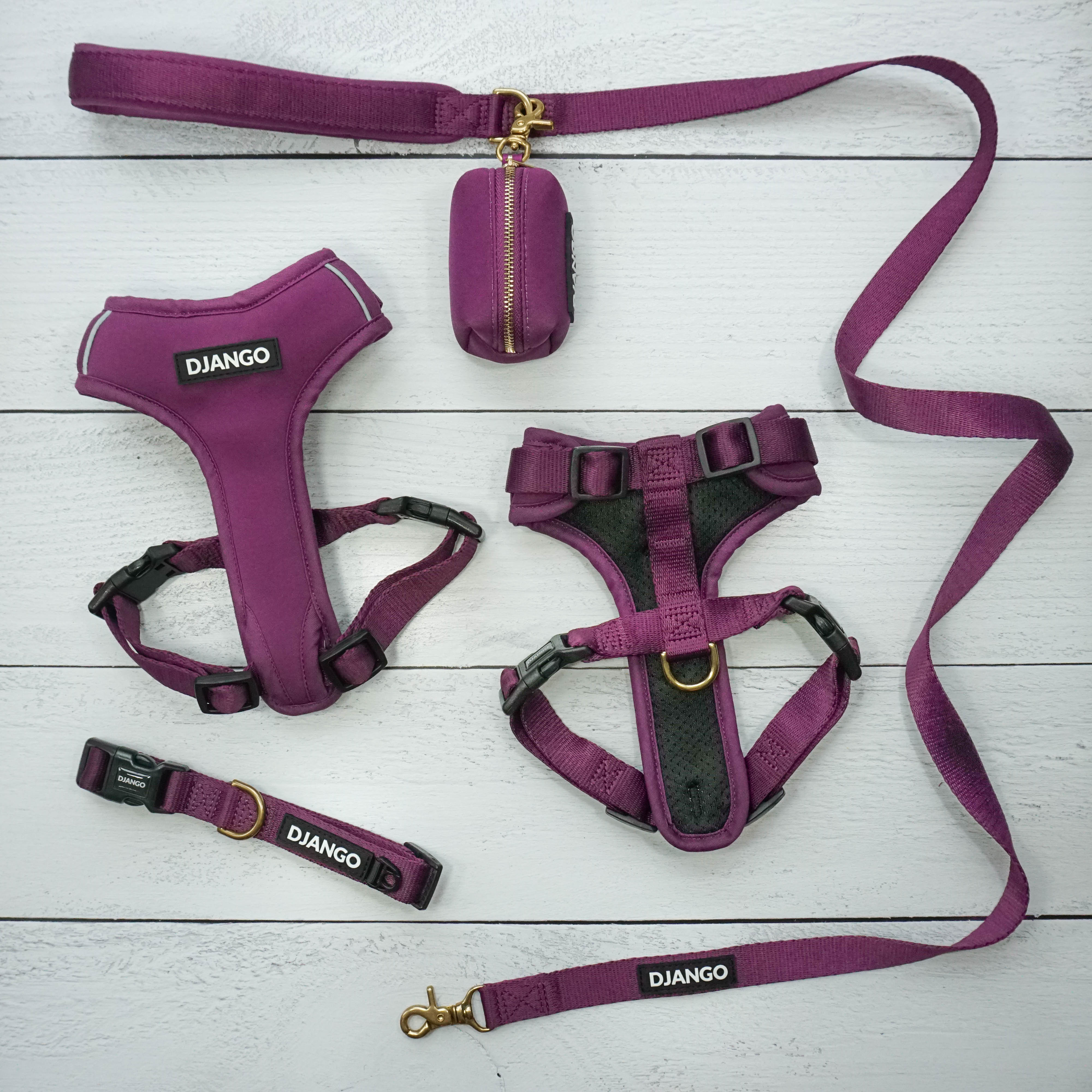 DJANGO Adventure Bundle in Plum Purple - The Adventure Bundle includes our comfortable, durable, and weather-resistant Adventure Dog Harness, Adventure Dog Collar, Standard Adventure Dog Leash, and chic Waste Bag Holder. All items feature high-strength and corrosion-resistant solid brass hardware. Save $$$ when you complete your set and order the Adventure Bundle - djangobrand.com