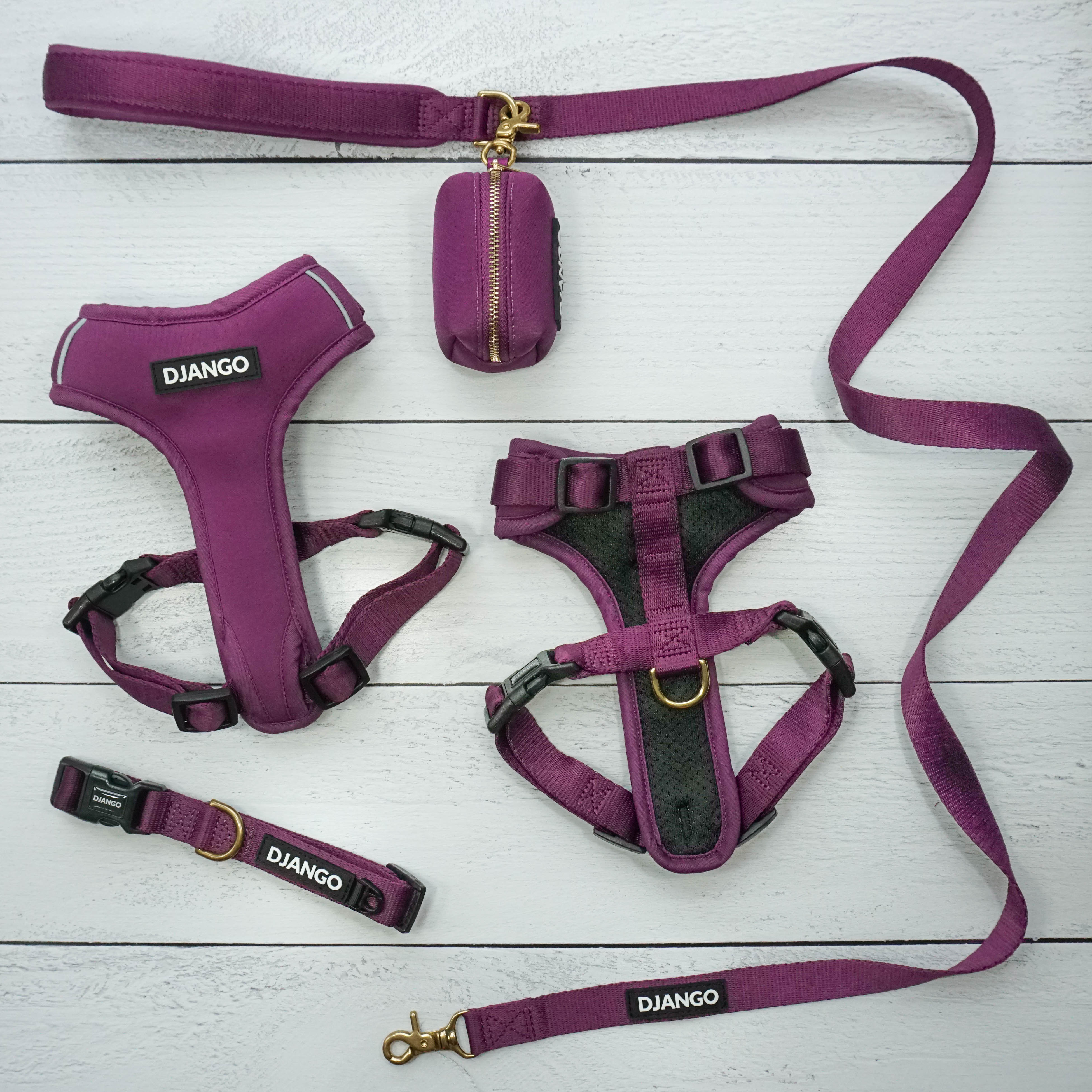 DJANGO Adventure Dog Harness, Collar, Leash, and Waste Bag Holder Collection in Color Plum Purple - djangobrand.com