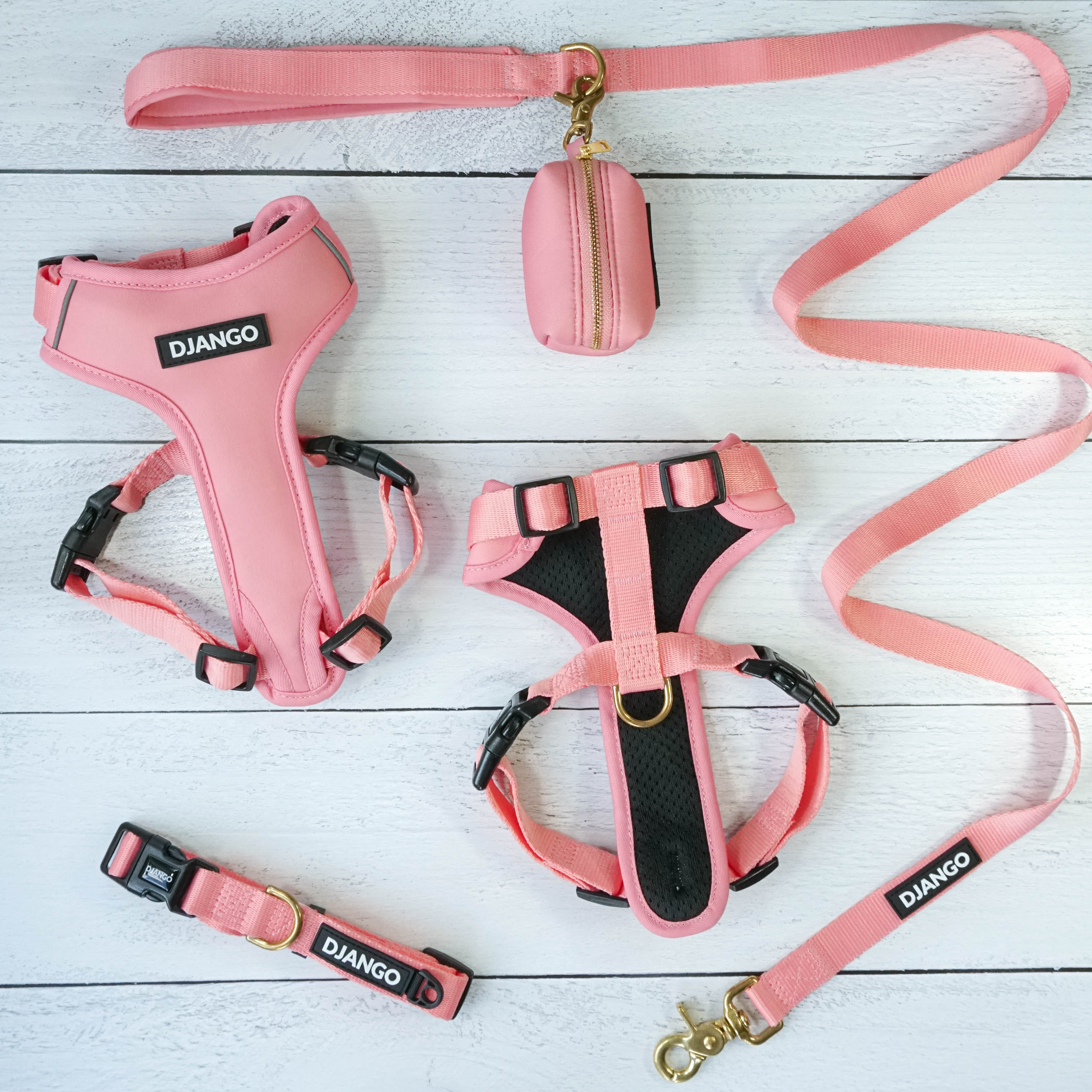 DJANGO Adventure Bundle in Quartz Pink - The Adventure Bundle includes our comfortable, durable, and weather-resistant Adventure Dog Harness, Adventure Dog Collar, Standard Adventure Dog Leash, and chic Waste Bag Holder. All items feature high-strength and corrosion-resistant solid brass hardware. Save $$$ when you complete your set and order the Adventure Bundle - djangobrand.com