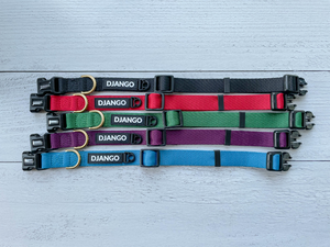 DJANGO Adventure Dog Collar in Crimson Red - Modern, durable, and stylish collar for small and medium sized dogs and puppies with solid cast brass hardware - djangobrand.com